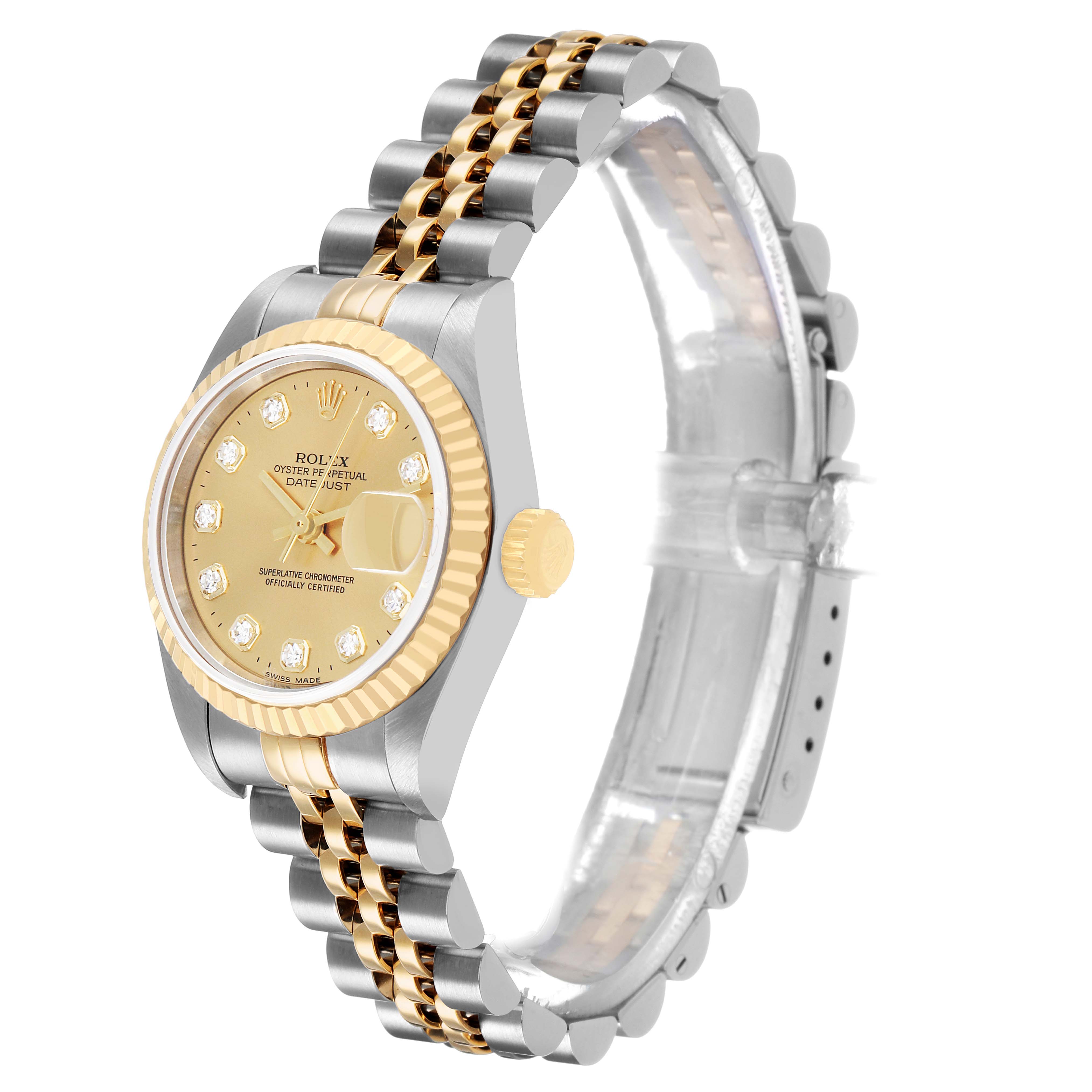 The Rolex Datejust 79173 Women's Steel and Gold (two tone) Champagne Dial watch is shown at a slight angle, highlighting the dial, bezel, and bracelet.