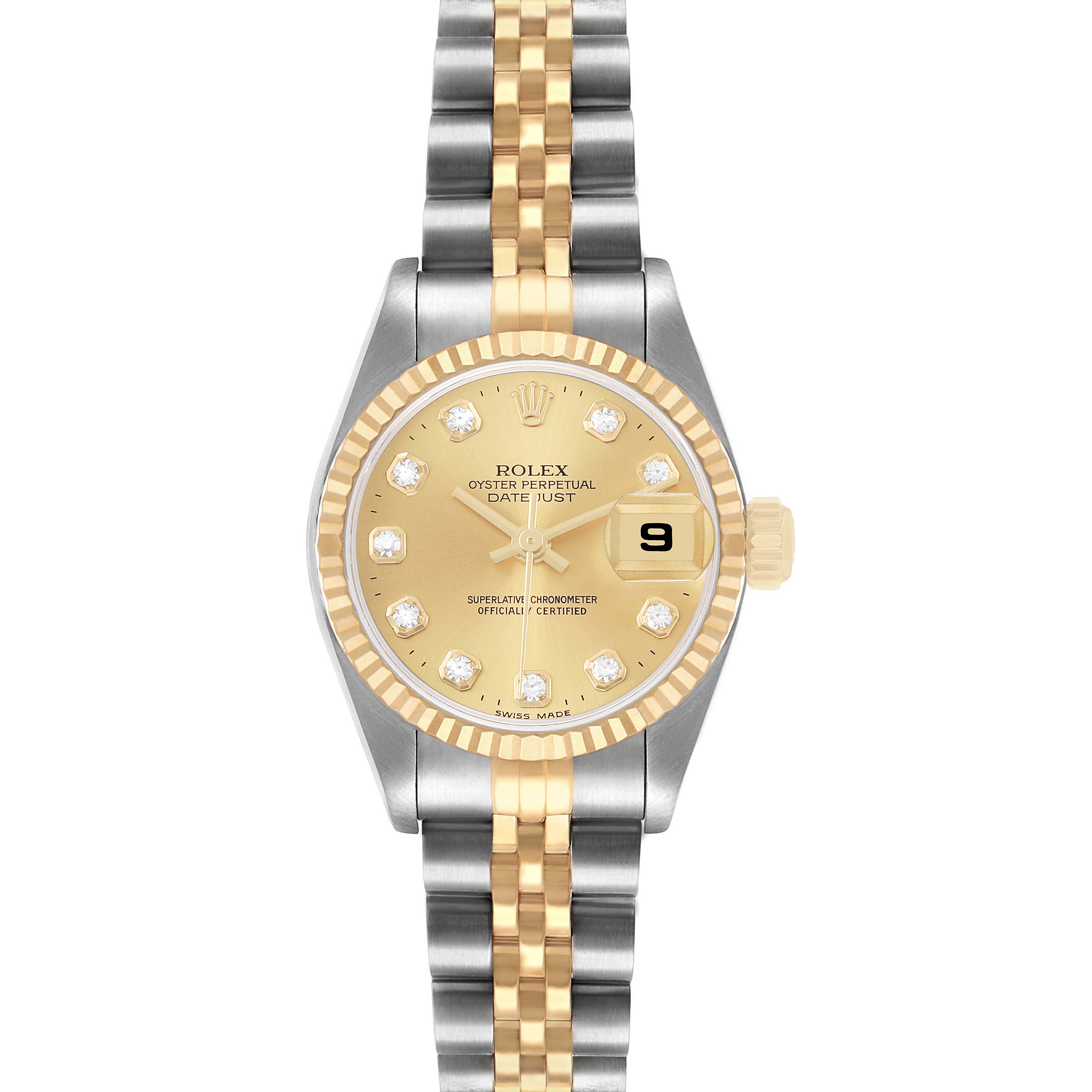 This Rolex Datejust 79173 Women's Steel and Gold (two tone) Champagne Dial watch is shown from the front, displaying the dial, bezel, and two-tone bracelet.