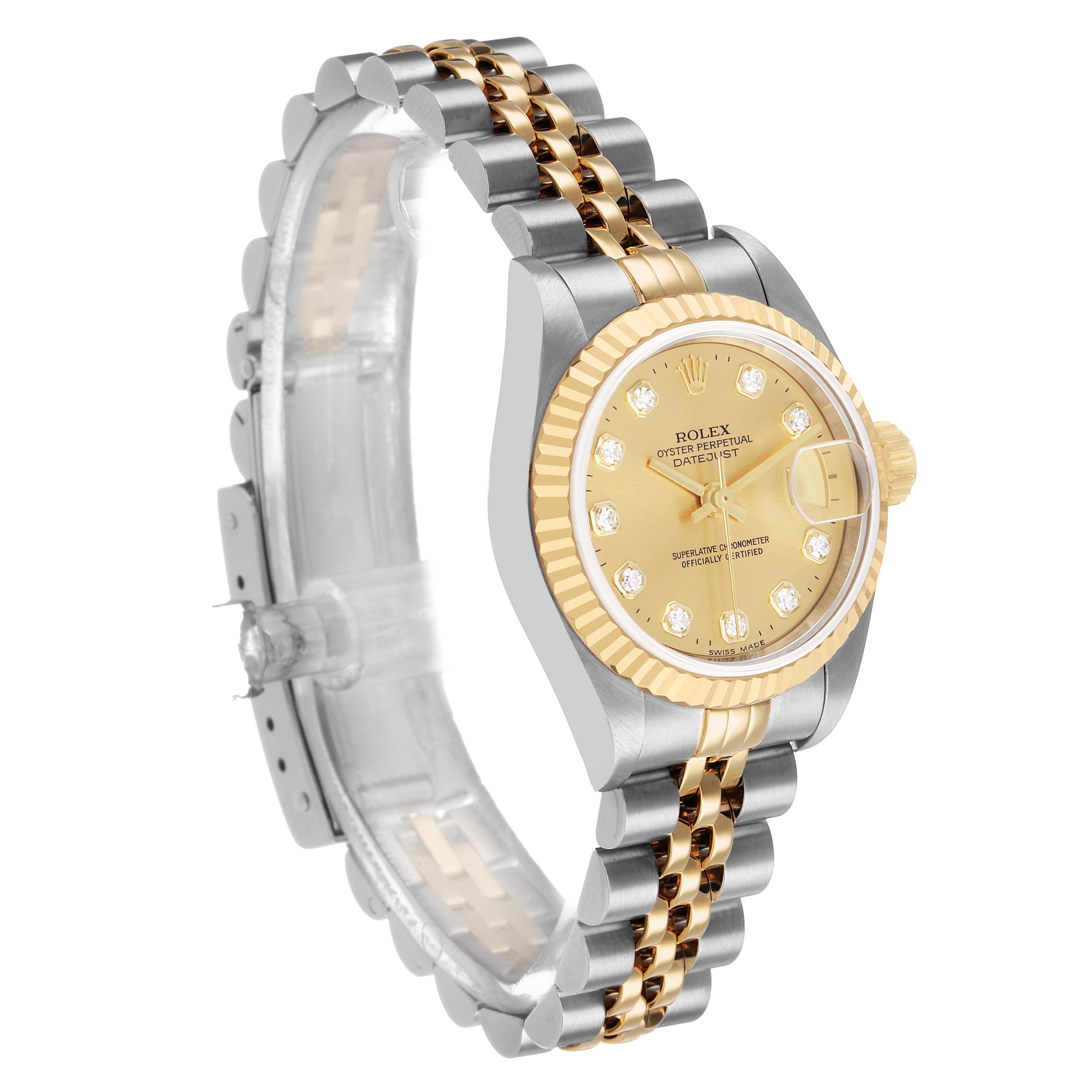 The Rolex Datejust 79173 Women's Steel and Gold (two tone) Champagne Dial watch is shown at a three-quarter angle, highlighting the bracelet, bezel, and dial.