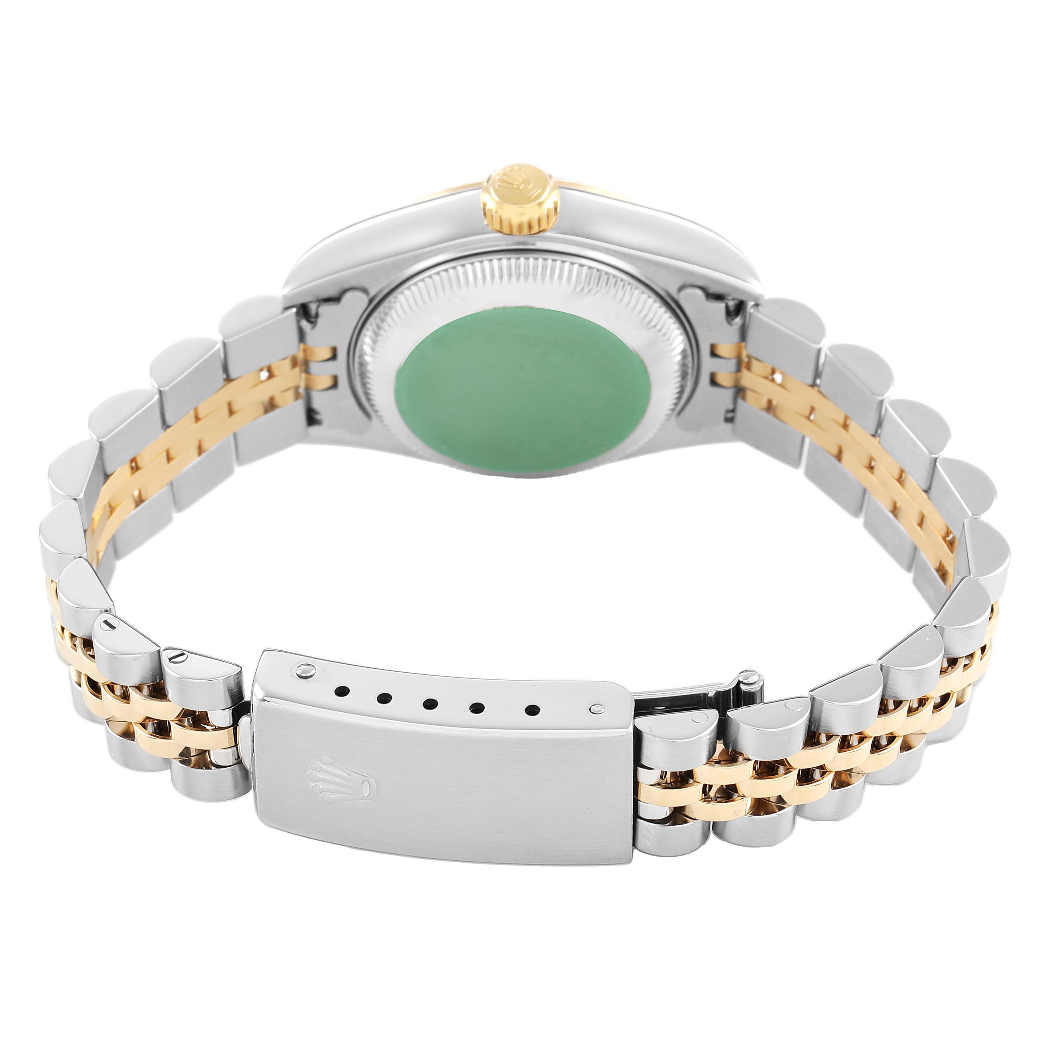 The image shows the back view of a Rolex Datejust 79173 Women's Steel and Gold (two tone) Champagne Dial watch, highlighting the bracelet and clasp.
