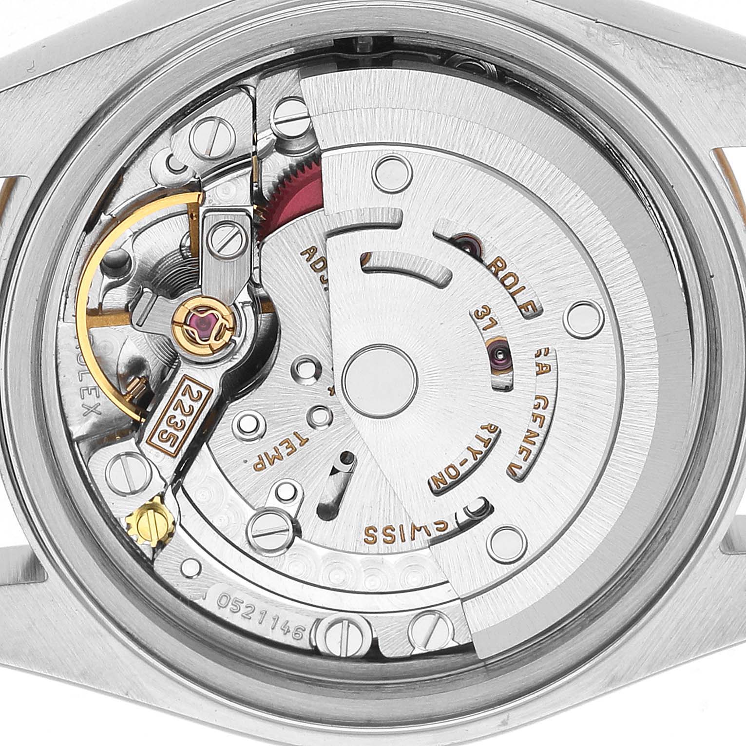 The image shows the movement of a Rolex Datejust 79173 Women's Steel and Gold (two tone) Champagne Dial, highlighting its intricate mechanics from a back angle.