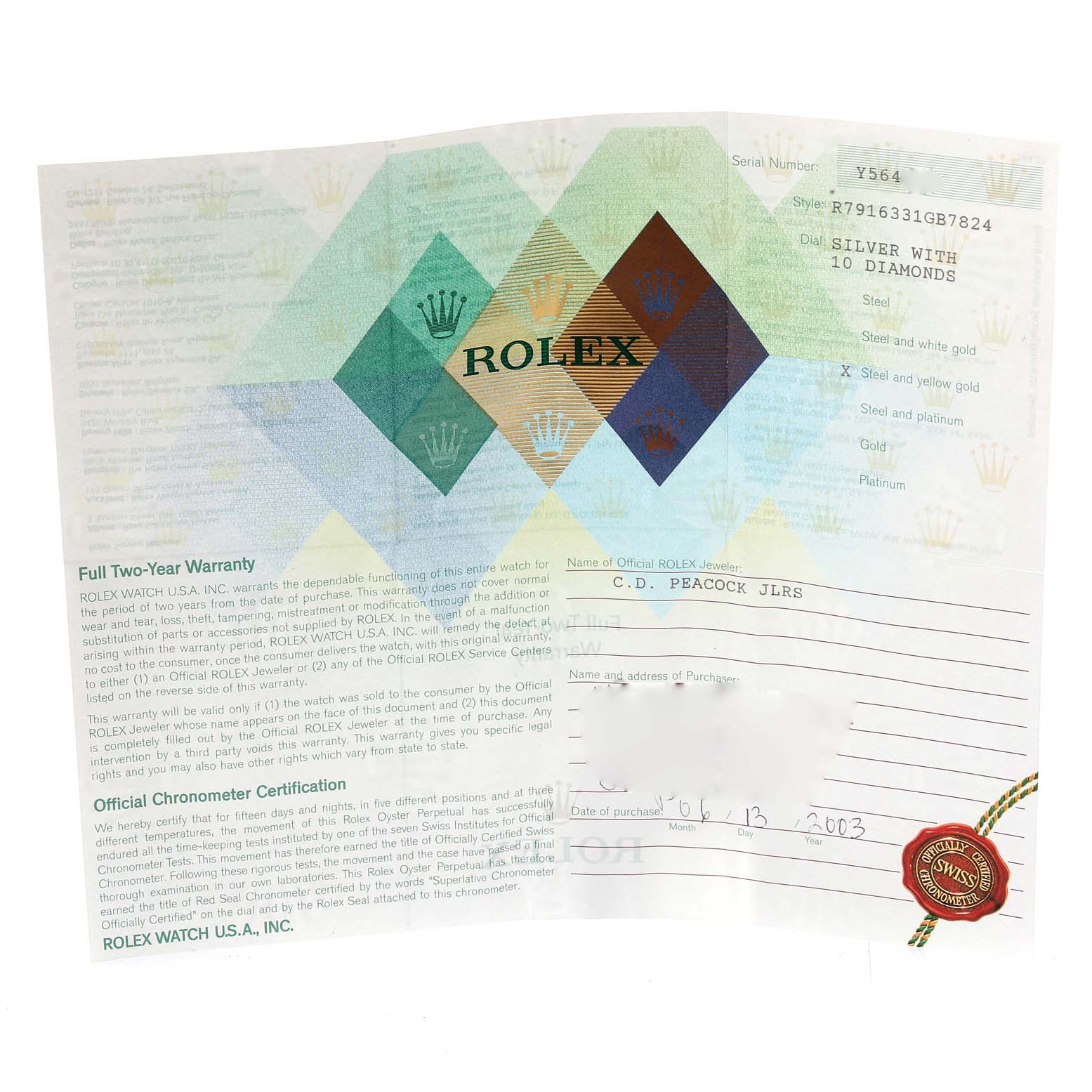 The image shows an official warranty and chronometer certification document for the Rolex Datejust 79163 Women's Steel and Gold (two tone) Silver Dial 79163 Women's Steel and Gold (two tone) Silver Dial model.