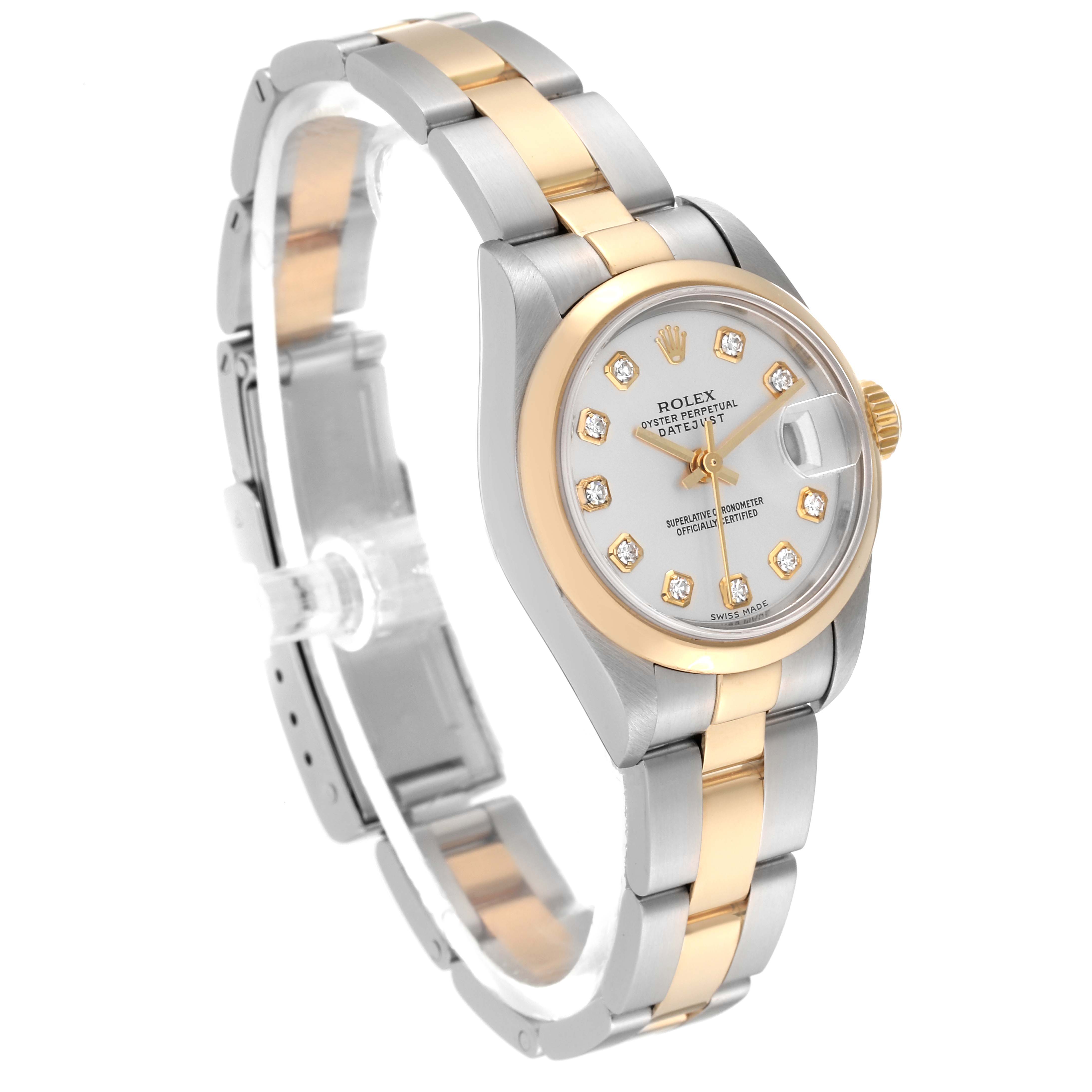 The image shows a side-angle view of the Rolex Datejust 79163 Women's Steel and Gold (two tone) Silver Dial 79163 Women's Steel and Gold (two tone) Silver Dial watch, highlighting its band, bezel, and face.