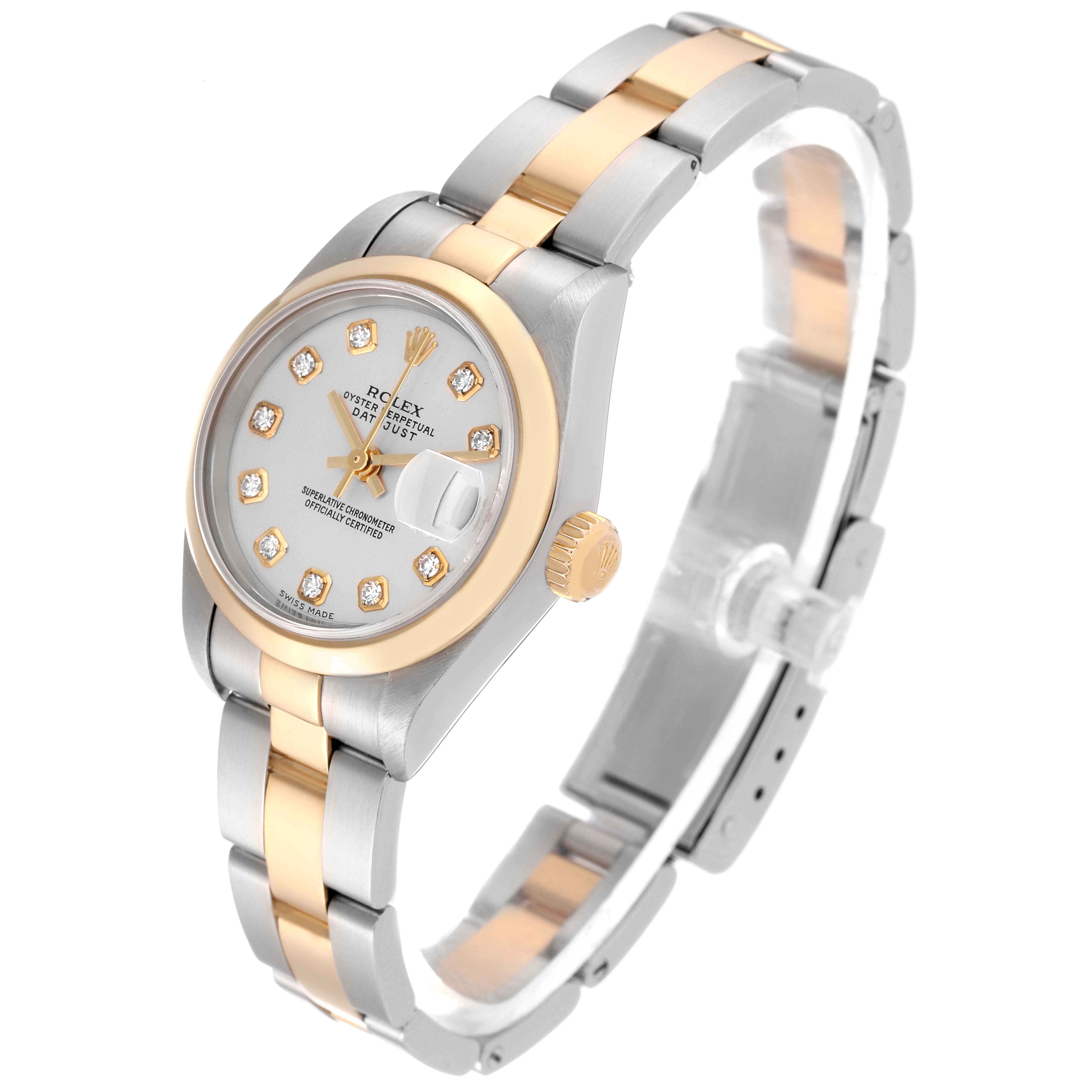 This Rolex Datejust 79163 Women's Steel and Gold (two tone) Silver Dial 79163 Women's Steel and Gold (two tone) Silver Dial watch is shown at a slight angle, displaying the face, bezel, crown, and bracelet.