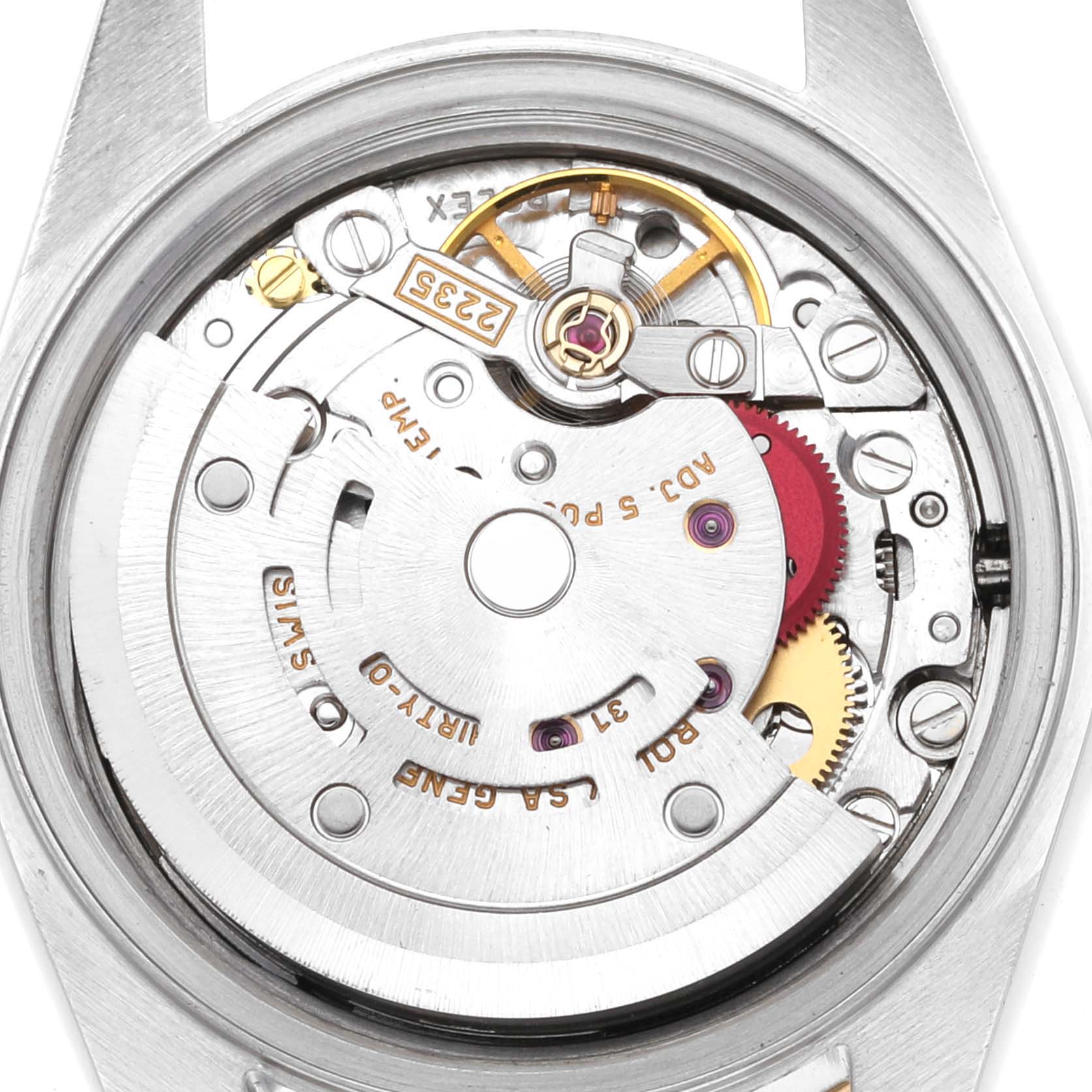 The image shows the inner mechanical movement of a Rolex Datejust 79163 Women's Steel and Gold (two tone) Silver Dial 79163 Women's Steel and Gold (two tone) Silver Dial watch from a top-down angle.