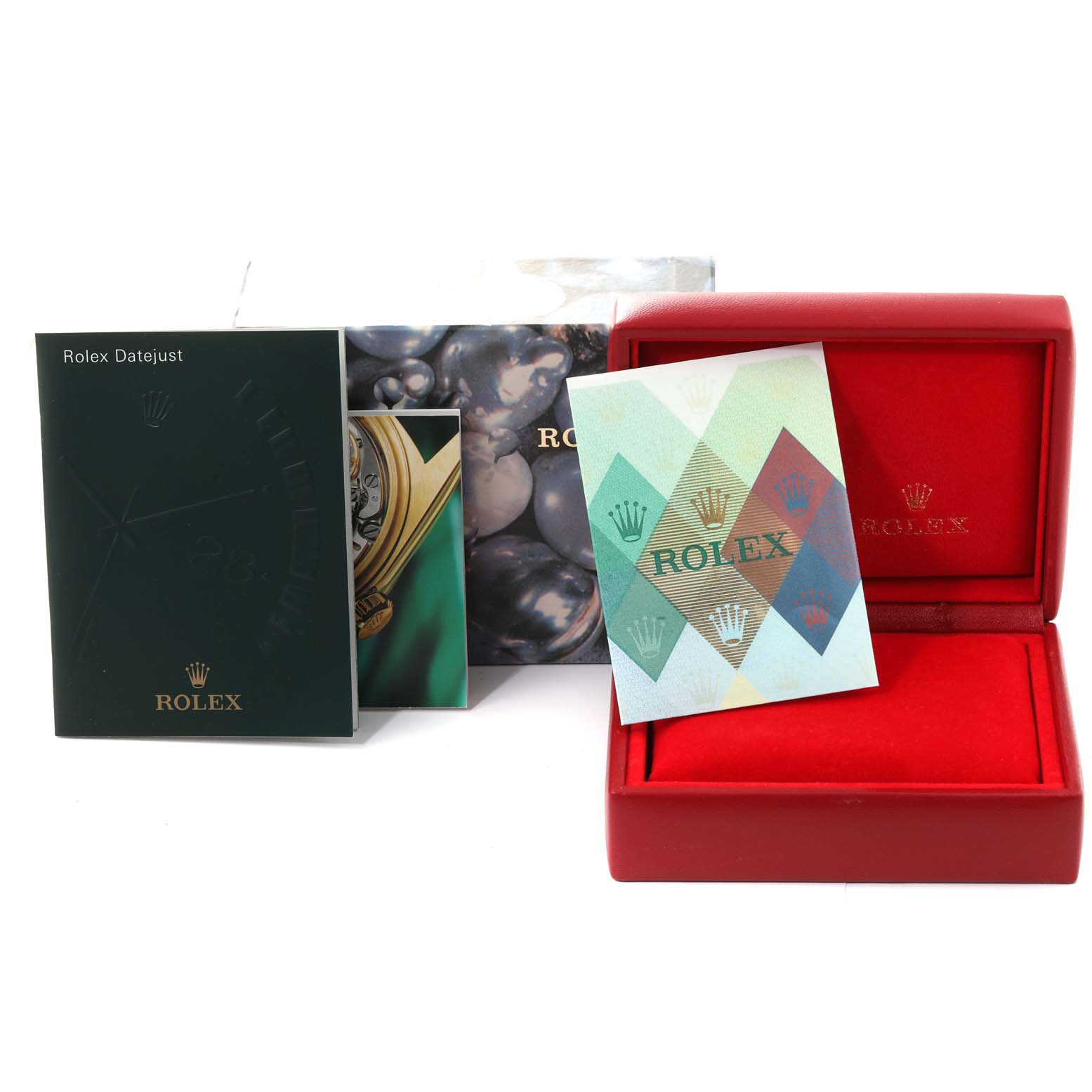 The image shows packaging and booklets for a Rolex Datejust 79163 Women's Steel and Gold (two tone) Silver Dial 79163 Women's Steel and Gold (two tone) Silver Dial watch, including a watch box and manuals.