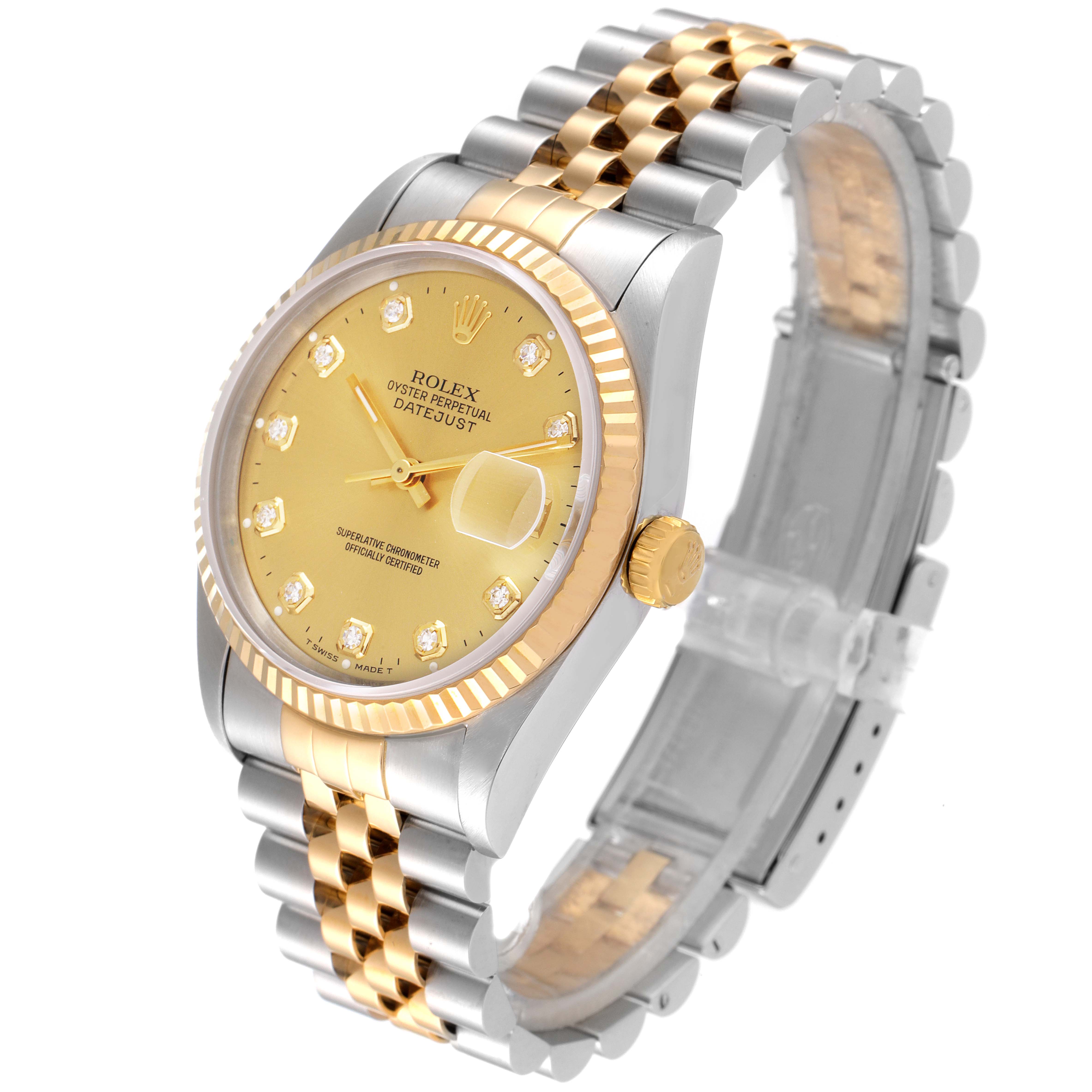 The image shows a Rolex Datejust 16233 Men's Steel and Gold (two tone) Champagne Dial 16233 Men's Steel and Gold (two tone) Champagne Dial watch at a slight side angle, highlighting the dial, fluted bezel, and two-tone bracelet.