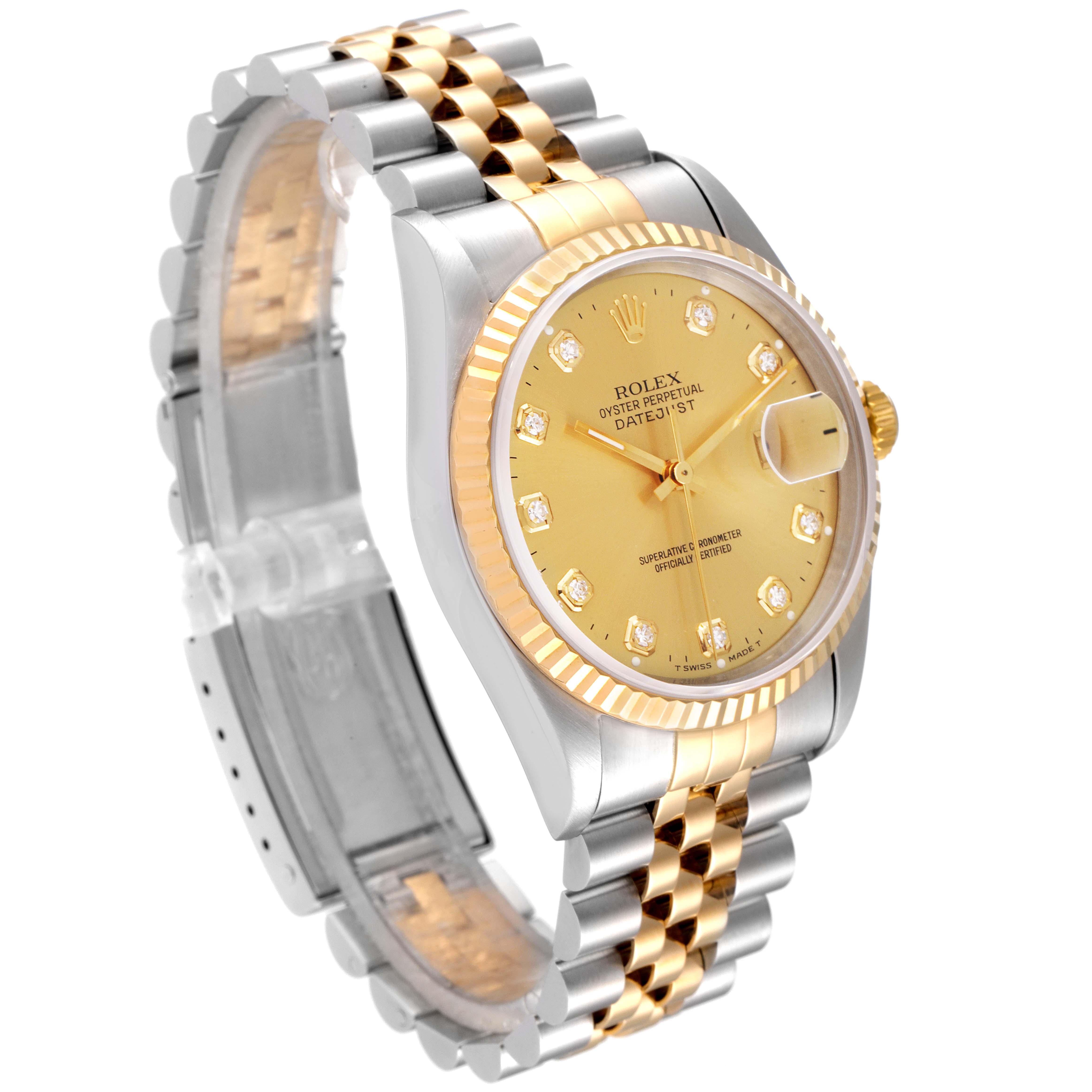 The image shows a Rolex Datejust 16233 Men's Steel and Gold (two tone) Champagne Dial 16233 Men's Steel and Gold (two tone) Champagne Dial watch at a slight angle, highlighting its gold dial, two-tone bracelet, and fluted bezel.