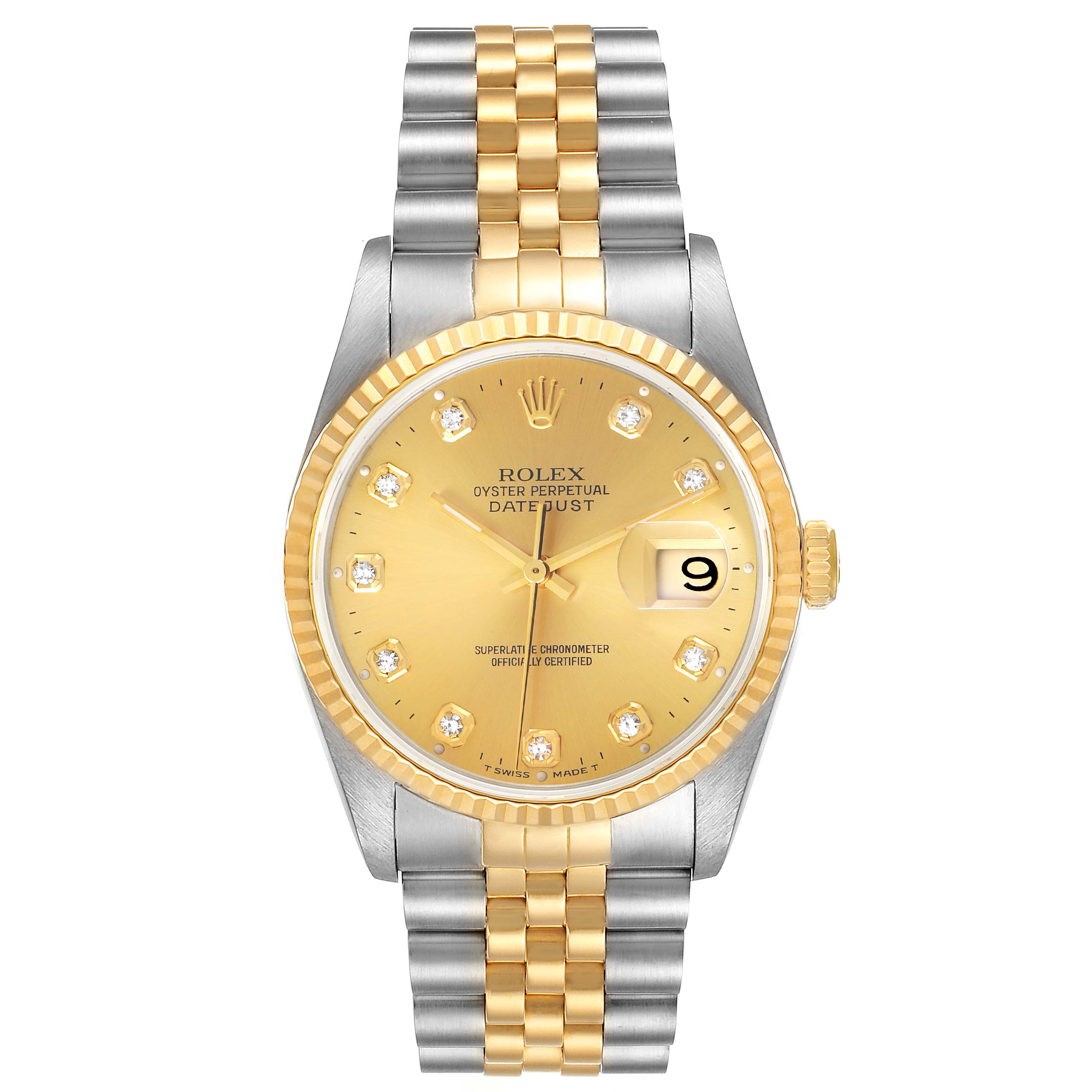 The image shows a front view of the Rolex Datejust 16233 Men's Steel and Gold (two tone) Champagne Dial 16233 Men's Steel and Gold (two tone) Champagne Dial watch, highlighting its gold dial, diamond hour markers, and two-tone bracelet.