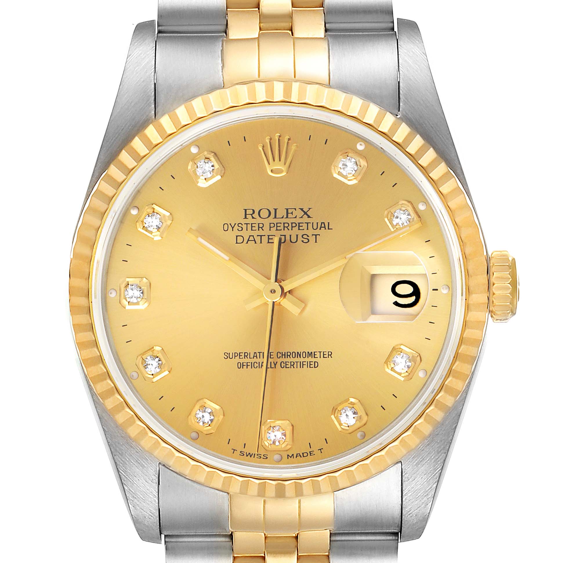 The image shows a front view of the Rolex Datejust 16233 Men's Steel and Gold (two tone) Champagne Dial 16233 Men's Steel and Gold (two tone) Champagne Dial watch, highlighting its gold dial, diamond hour markers, and two-tone metal bracelet.