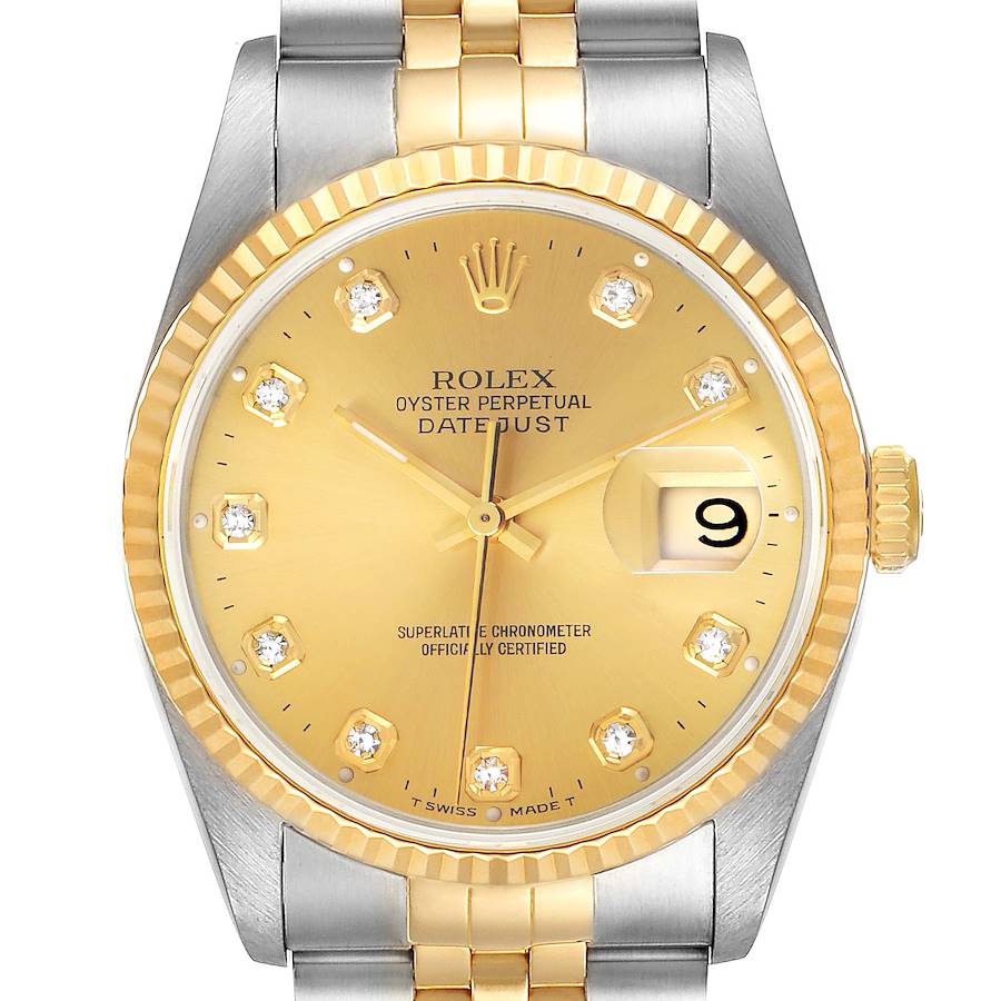 The image shows a front view of the Rolex Datejust watch, highlighting its gold dial, diamond hour markers, and two-tone metal bracelet.