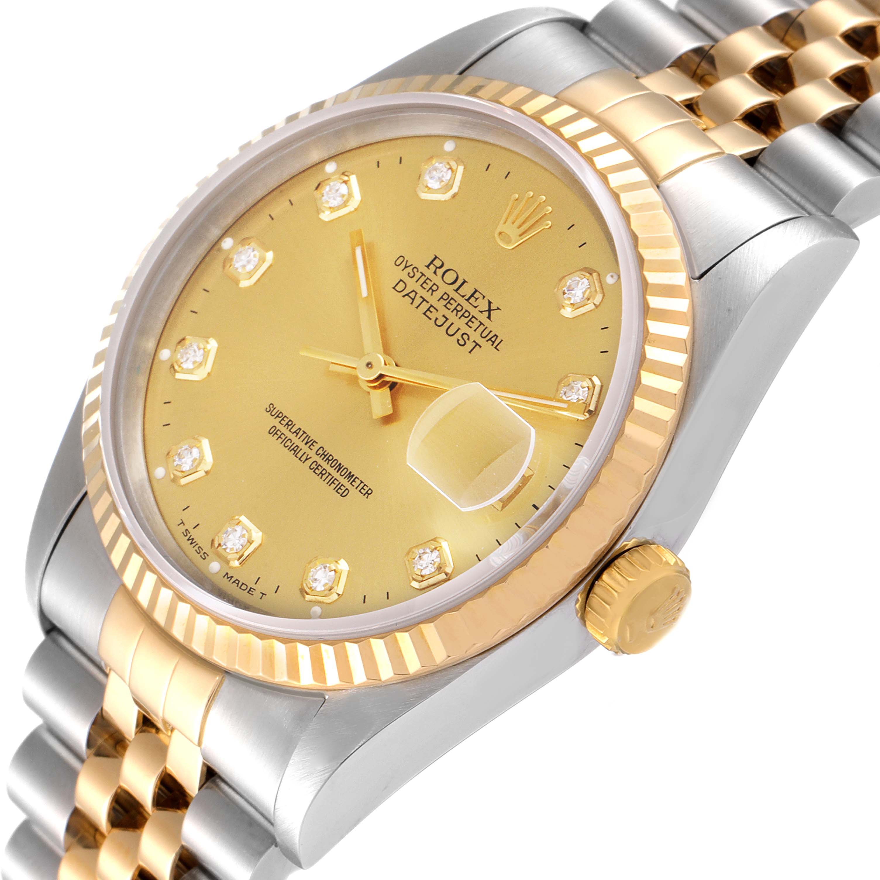 This image shows the face, fluted bezel, and part of the bracelet of the Rolex Datejust 16233 Men's Steel and Gold (two tone) Champagne Dial 16233 Men's Steel and Gold (two tone) Champagne Dial watch from an angled perspective.