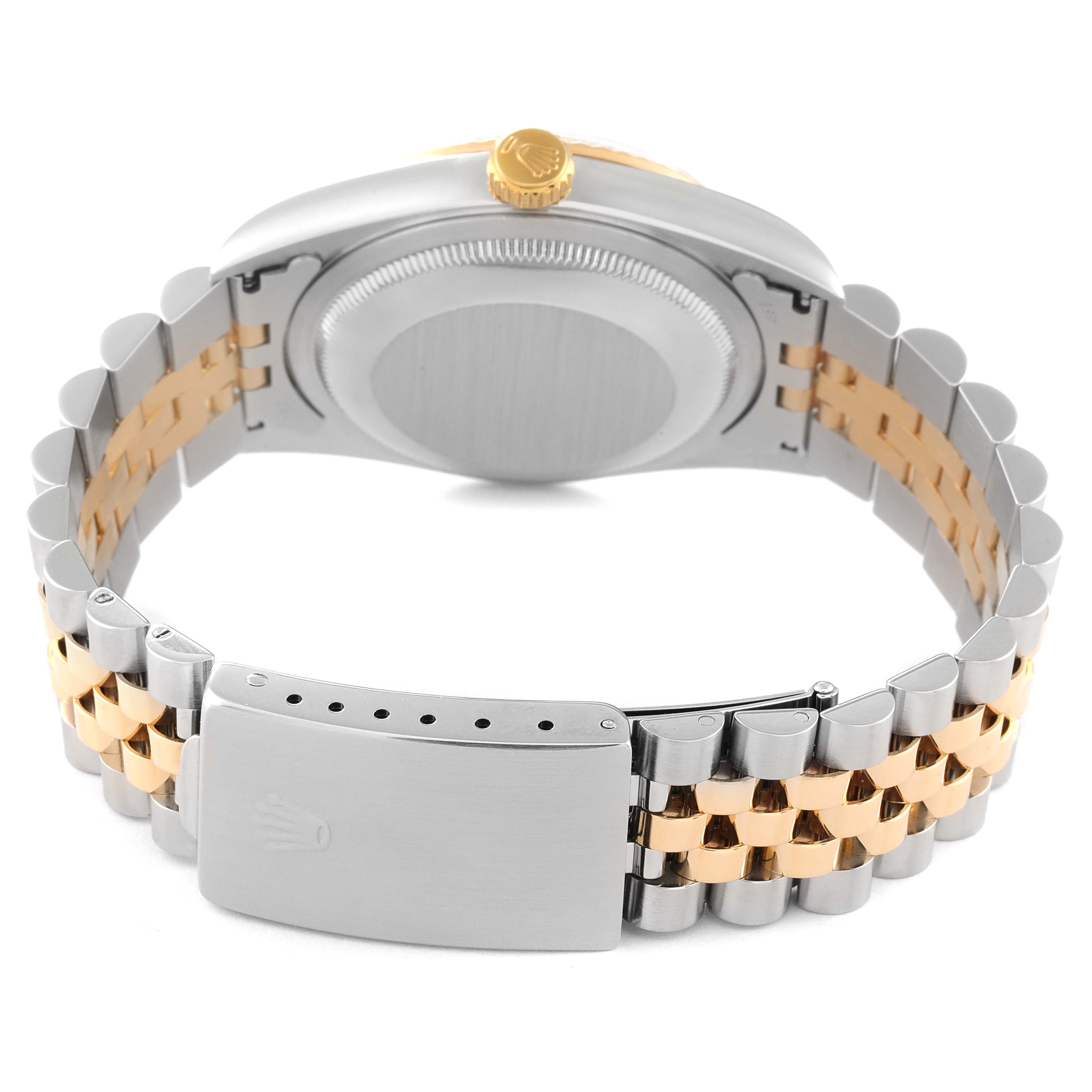 The image shows the back and bracelet of a Rolex Datejust 16233 Men's Steel and Gold (two tone) Champagne Dial 16233 Men's Steel and Gold (two tone) Champagne Dial watch, highlighting the clasp, bracelet links, and the crown.