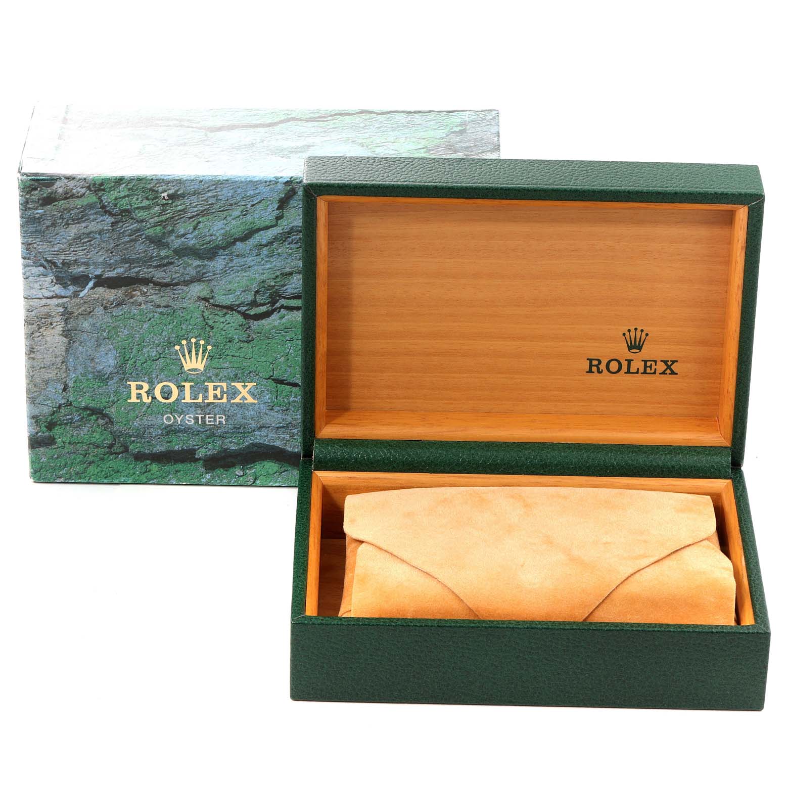 The image shows an open Rolex Datejust 16233 Men's Steel and Gold (two tone) Beige Dial 16233 Men's Steel and Gold (two tone) Beige Dial watch box, with the inside lining and outer packaging visible.