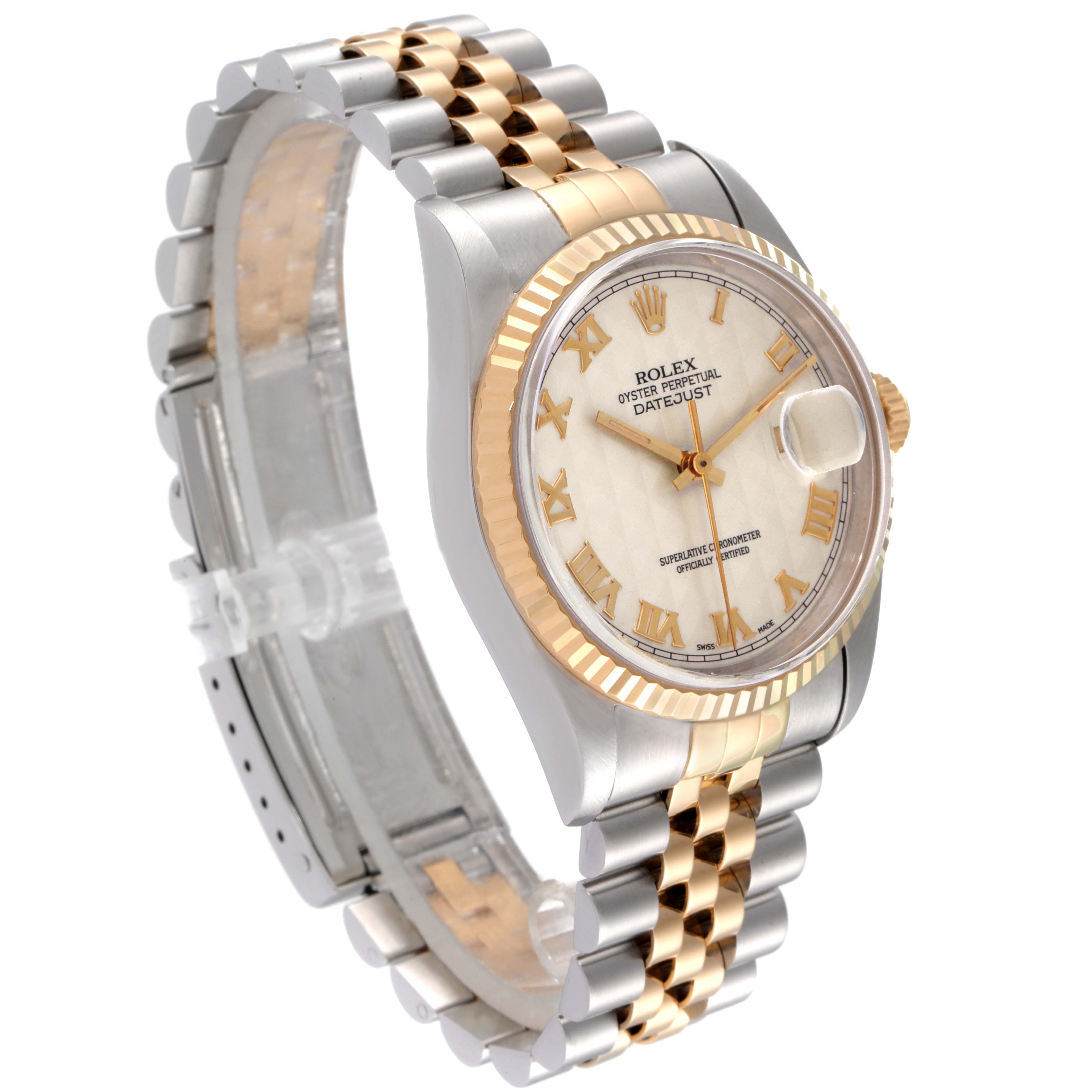 The image shows a Rolex Datejust 16233 Men's Steel and Gold (two tone) Beige Dial 16233 Men's Steel and Gold (two tone) Beige Dial watch at an angled side view, highlighting the face, bezel, and two-tone bracelet.
