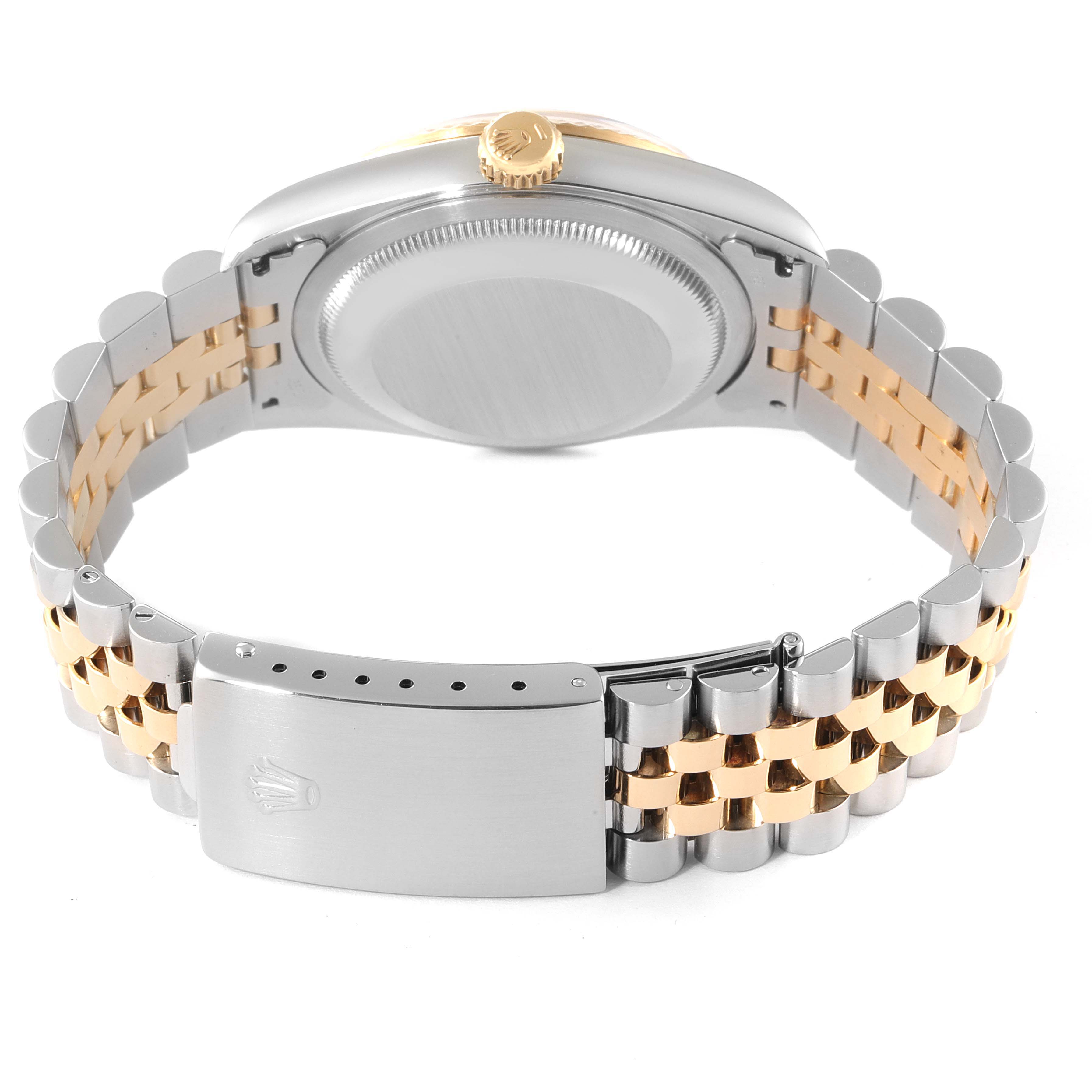 This image shows the back of a Rolex Datejust 16233 Men's Steel and Gold (two tone) Beige Dial 16233 Men's Steel and Gold (two tone) Beige Dial watch, displaying the bracelet, clasp, and case back from a low angle.