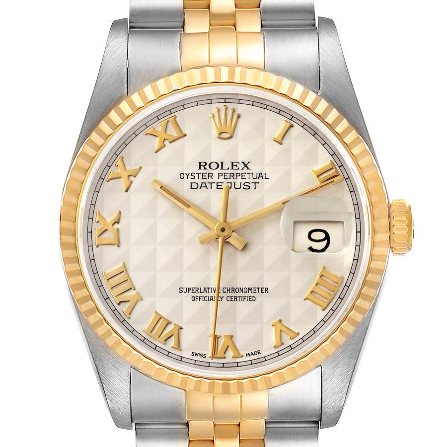 Rolex Datejust Steel Yellow Gold Pyramid Roman Dial Mens Watch 16233 SwissWatchExpo
