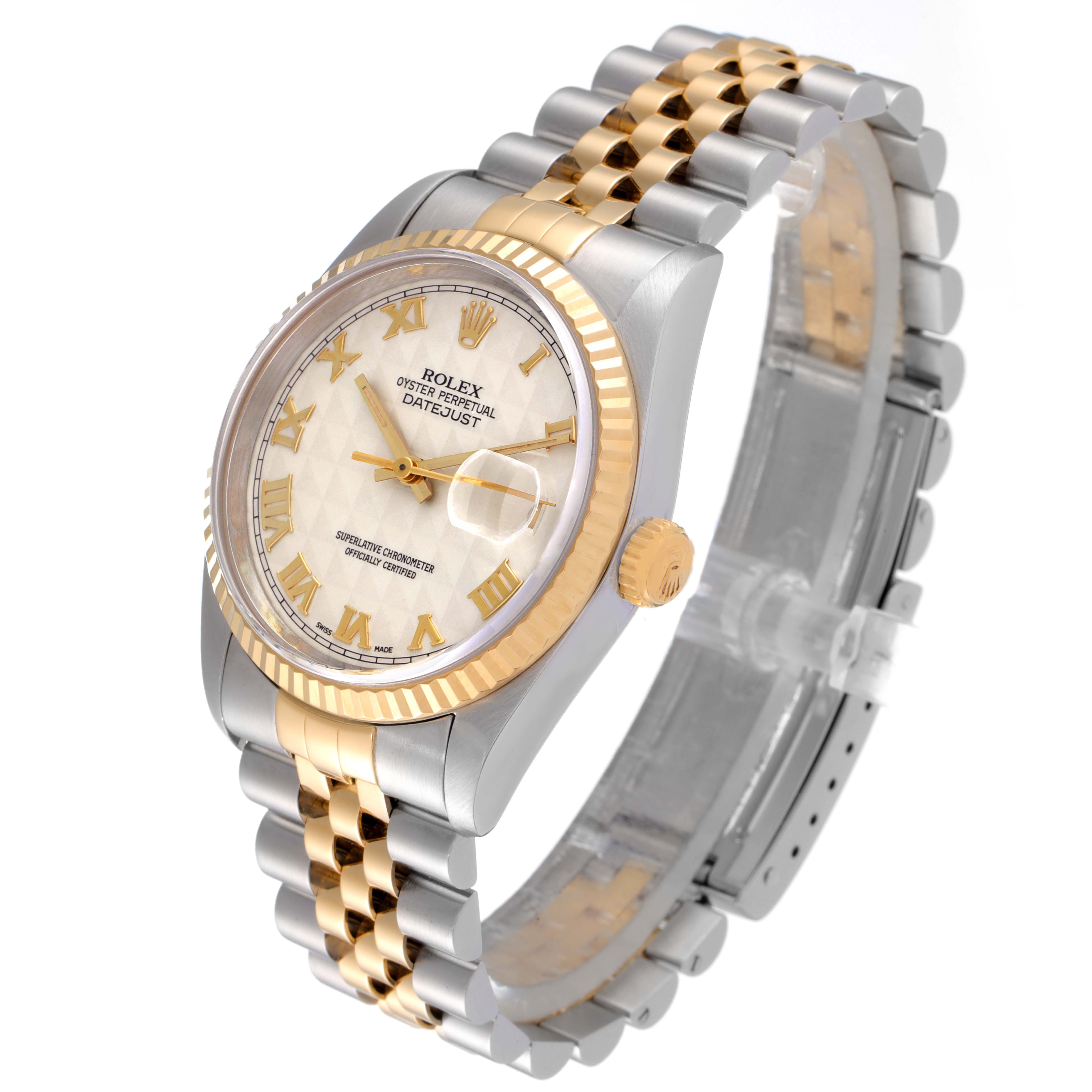 The Rolex Datejust 16233 Men's Steel and Gold (two tone) Beige Dial 16233 Men's Steel and Gold (two tone) Beige Dial watch is shown at a three-quarter angle, displaying the face, bezel, crown, and part of the bracelet.