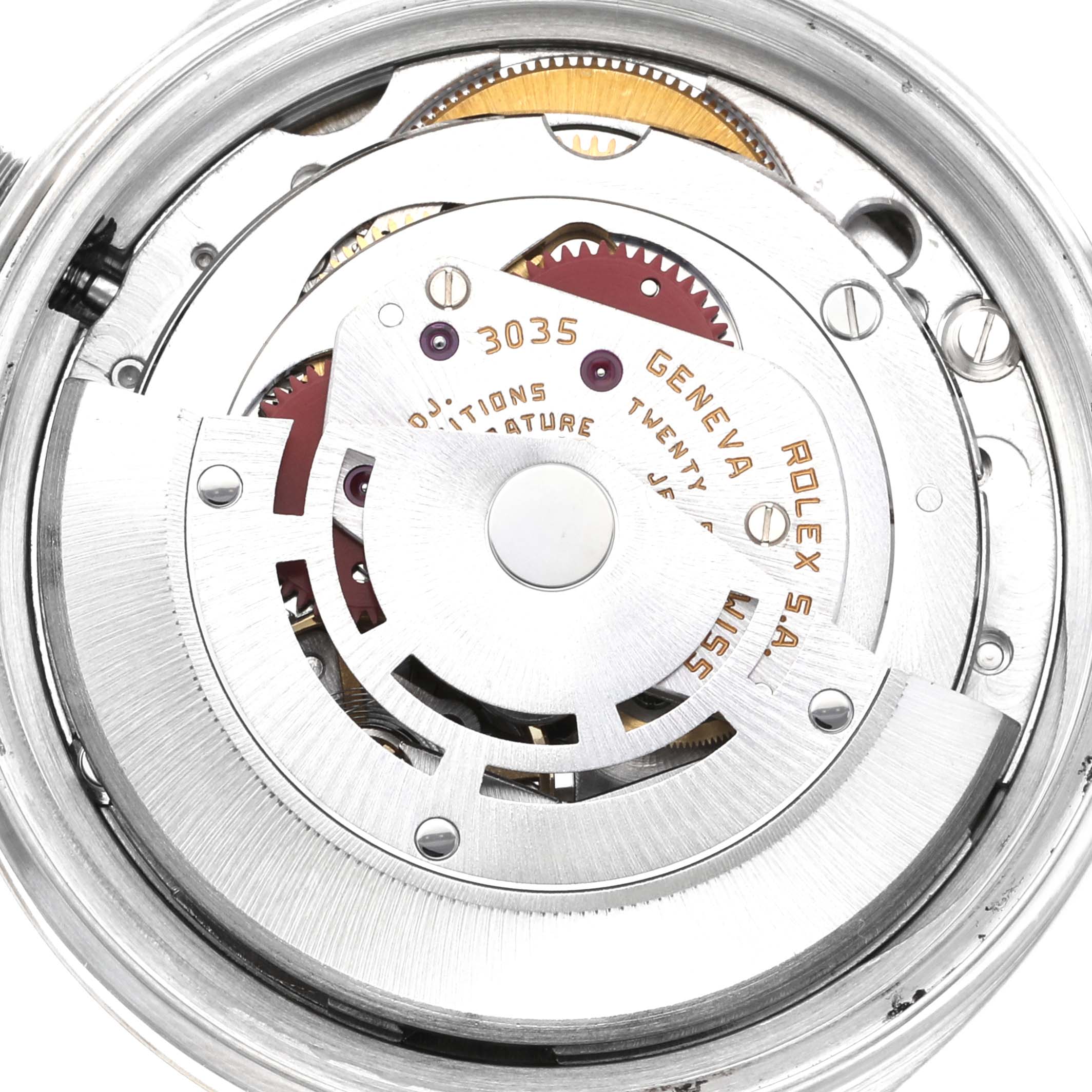 This is an angled view showing the intricate inner mechanism of the Rolex Vintage Collection 16013 Men's Steel and Gold (two tone) Champagne Dial 16013 Men's Steel and Gold (two tone) Champagne Dial model 3035 watch.