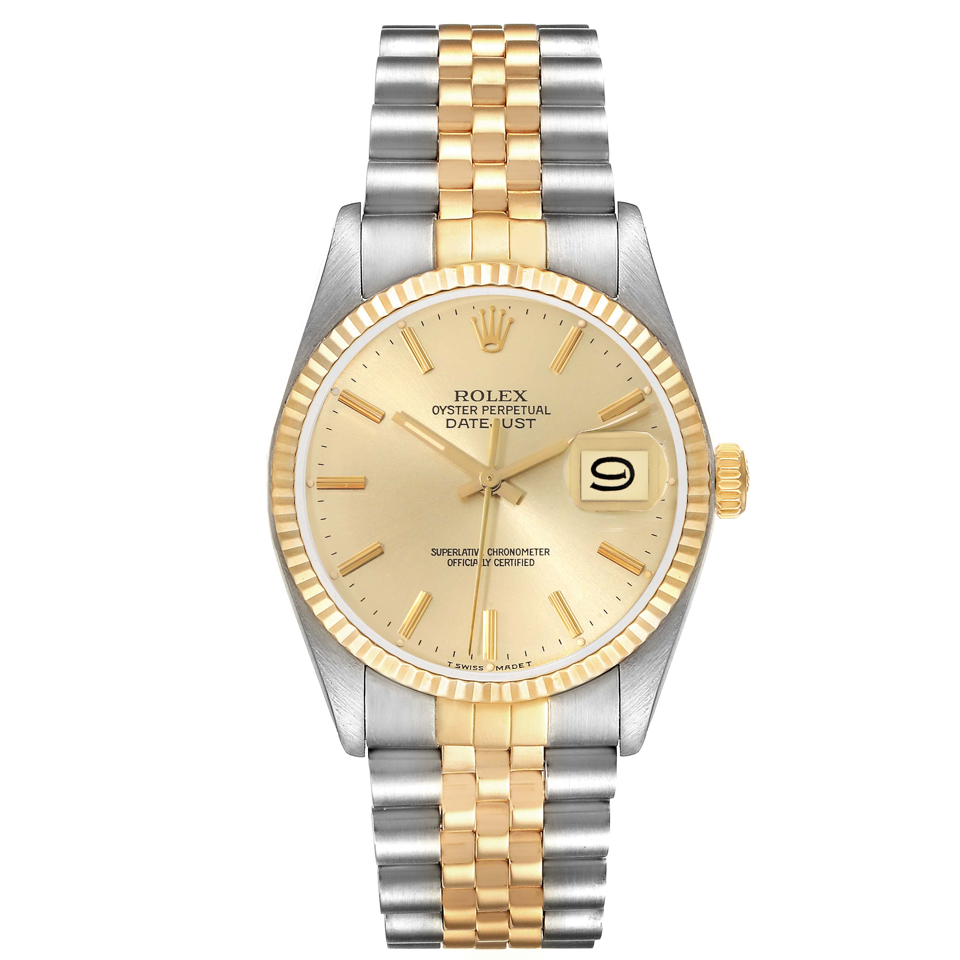 This is a front view of the Rolex Vintage Collection 16013 Men's Steel and Gold (two tone) Champagne Dial 16013 Men's Steel and Gold (two tone) Champagne Dial Oyster Perpetual Datejust, showing the dial, bezel, and bracelet.