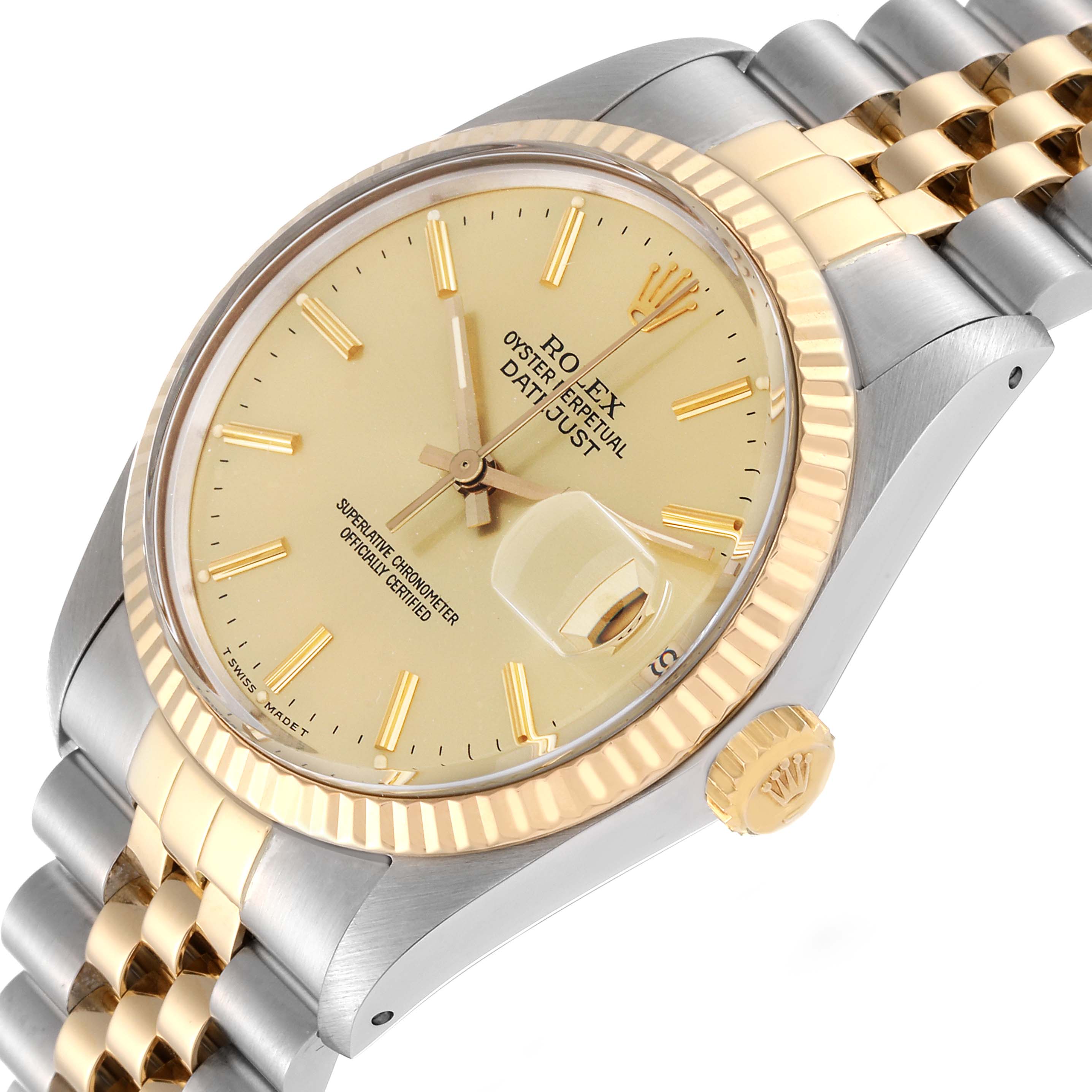 The Vintage Collection Rolex watch is shown from a tilted angle, highlighting the dial, crown, and part of the bracelet.