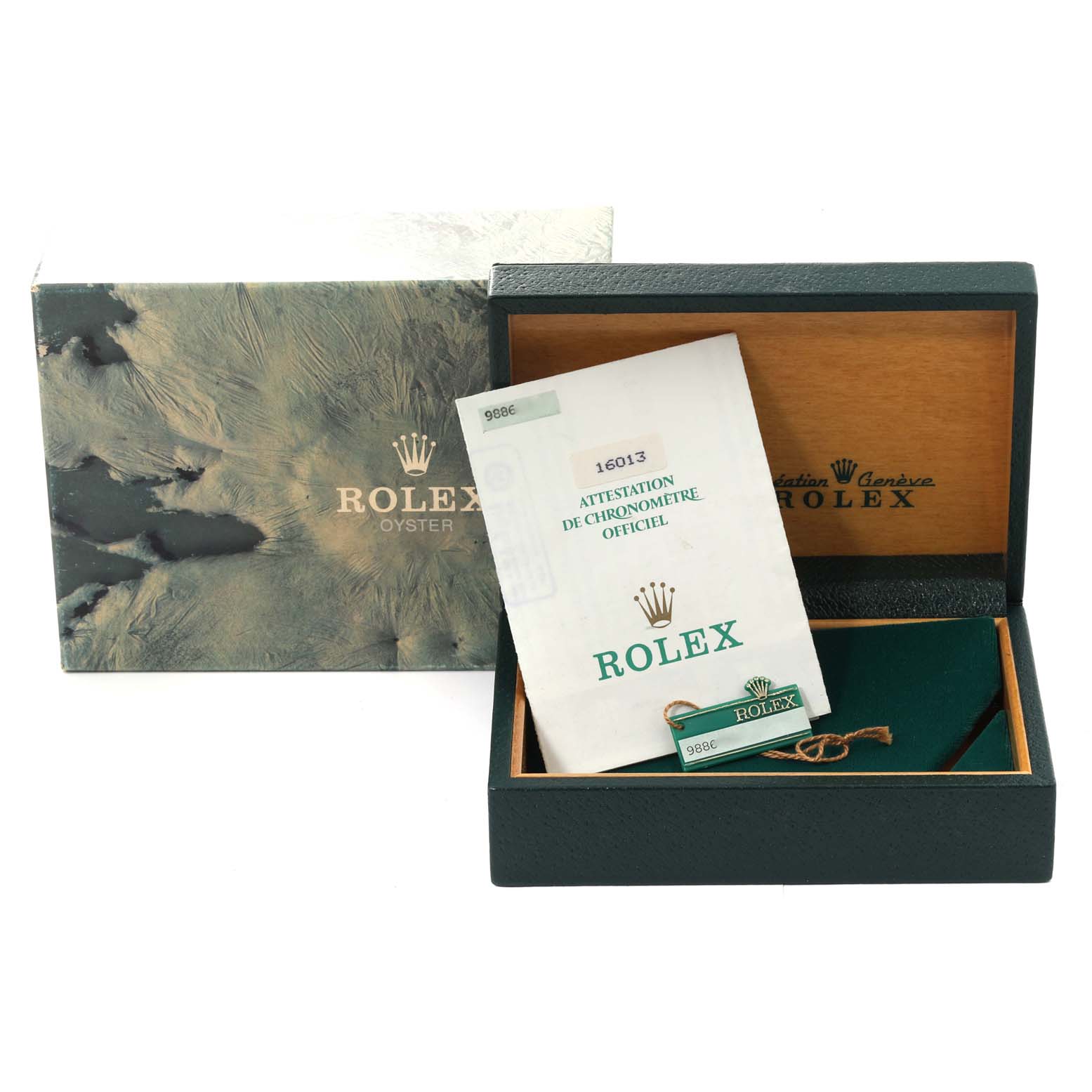 This image shows the packaging, certification, and accessories for the Rolex Vintage Collection 16013 Men's Steel and Gold (two tone) Champagne Dial 16013 Men's Steel and Gold (two tone) Champagne Dial model.