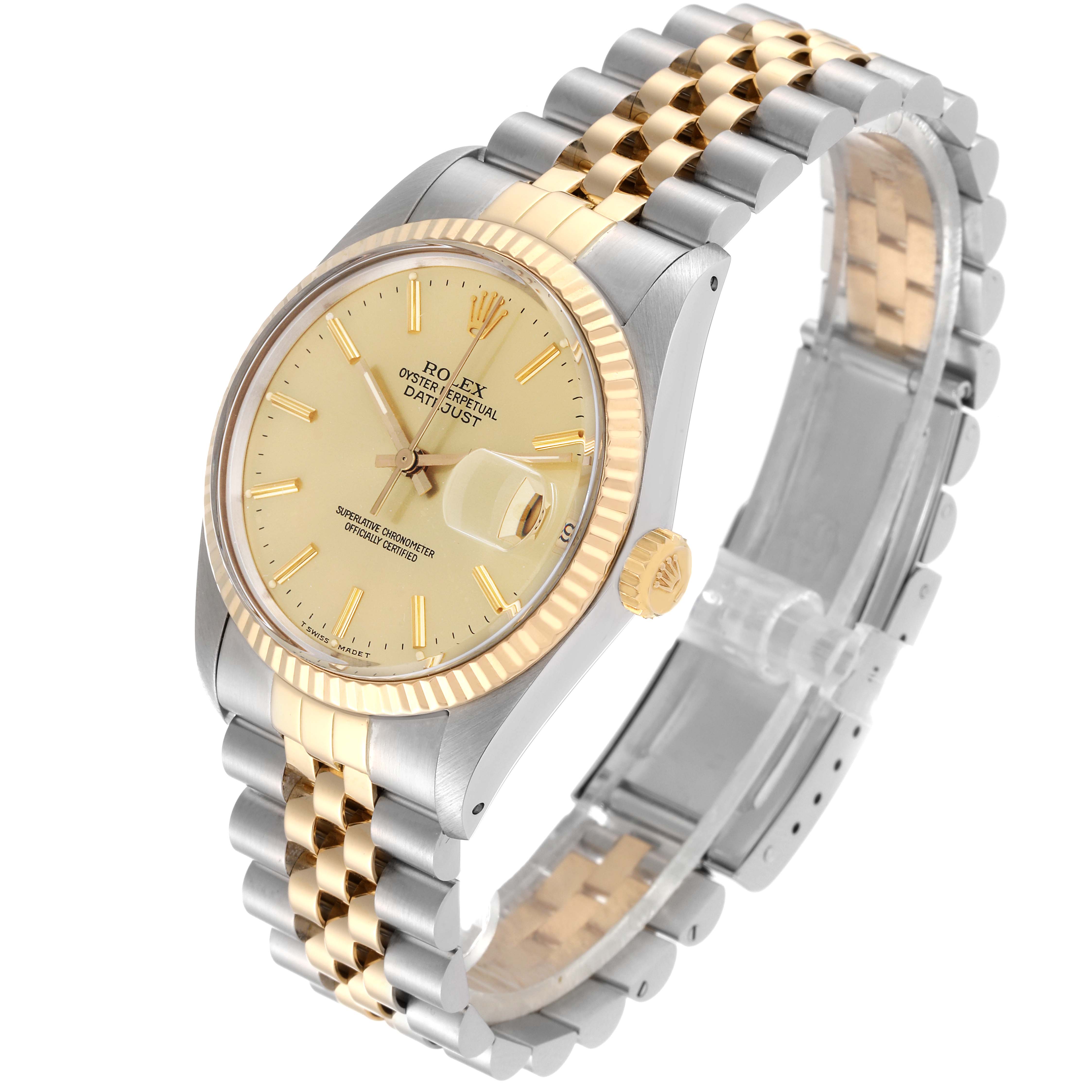 The Rolex Vintage Collection 16013 Men's Steel and Gold (two tone) Champagne Dial 16013 Men's Steel and Gold (two tone) Champagne Dial Datejust watch is shown at a 3/4 angle, highlighting its dial, bezel, crown, and two-tone bracelet.