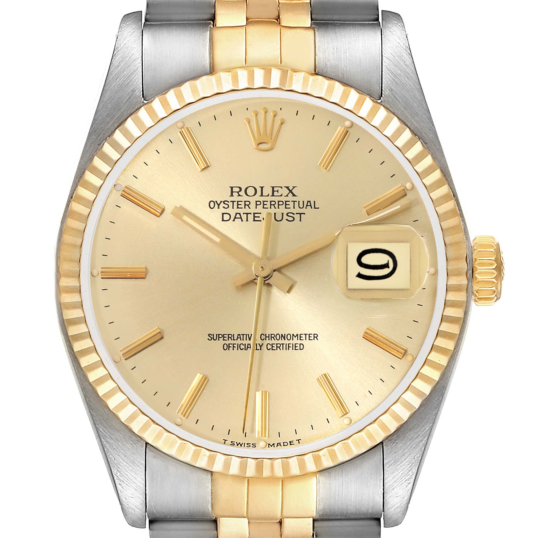 The Rolex Vintage Collection 16013 Men's Steel and Gold (two tone) Champagne Dial 16013 Men's Steel and Gold (two tone) Champagne Dial model watch is shown from a front angle, displaying the dial, bezel, and part of the bracelet.
