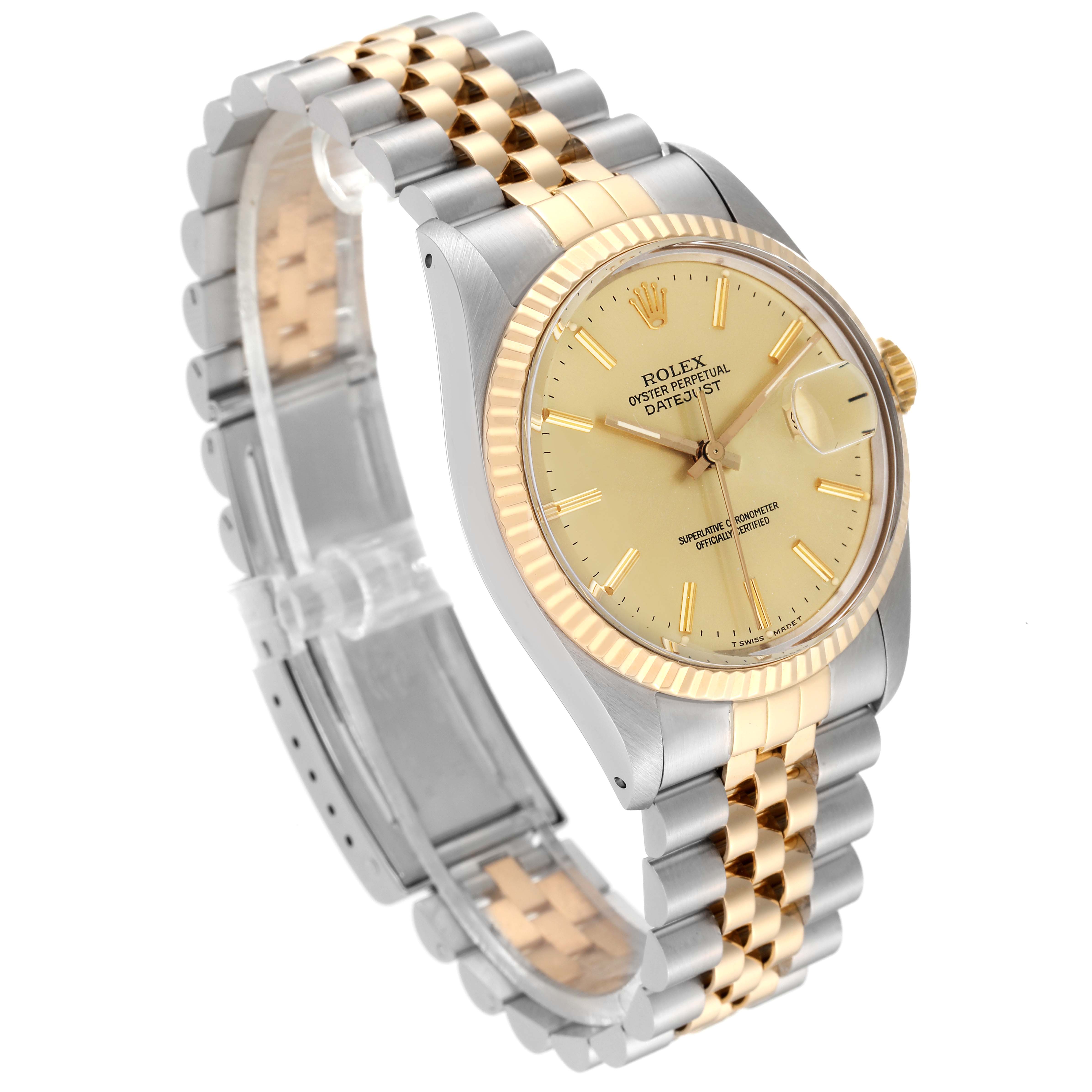 The Rolex Vintage Collection 16013 Men's Steel and Gold (two tone) Champagne Dial 16013 Men's Steel and Gold (two tone) Champagne Dial model shows a gold dial, fluted bezel, and a two-tone metal bracelet from an angled side view.
