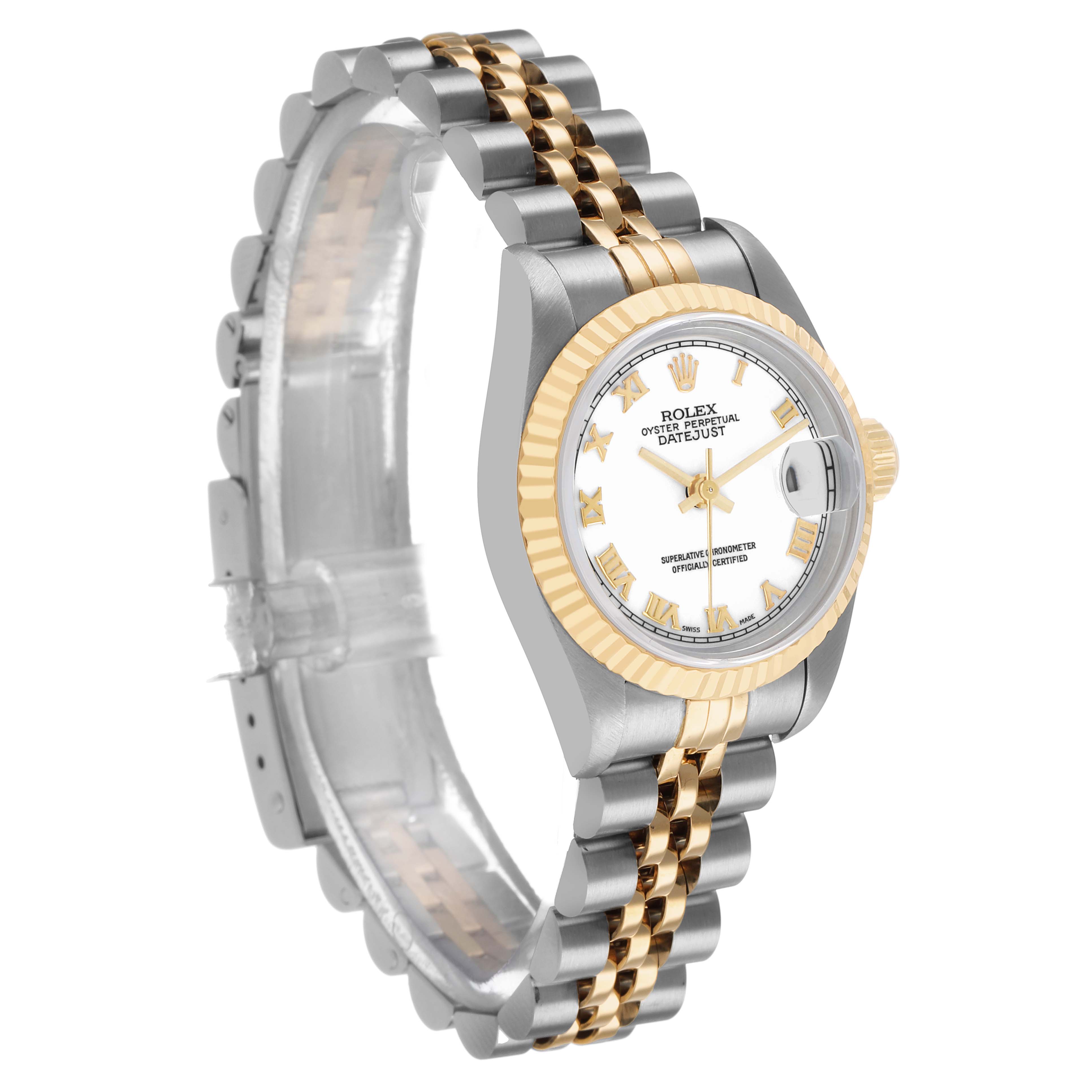 The Rolex Datejust 69173 Women's Steel and Gold (two tone) White Dial watch is shown at an angled side view, highlighting its two-tone bracelet and fluted bezel.