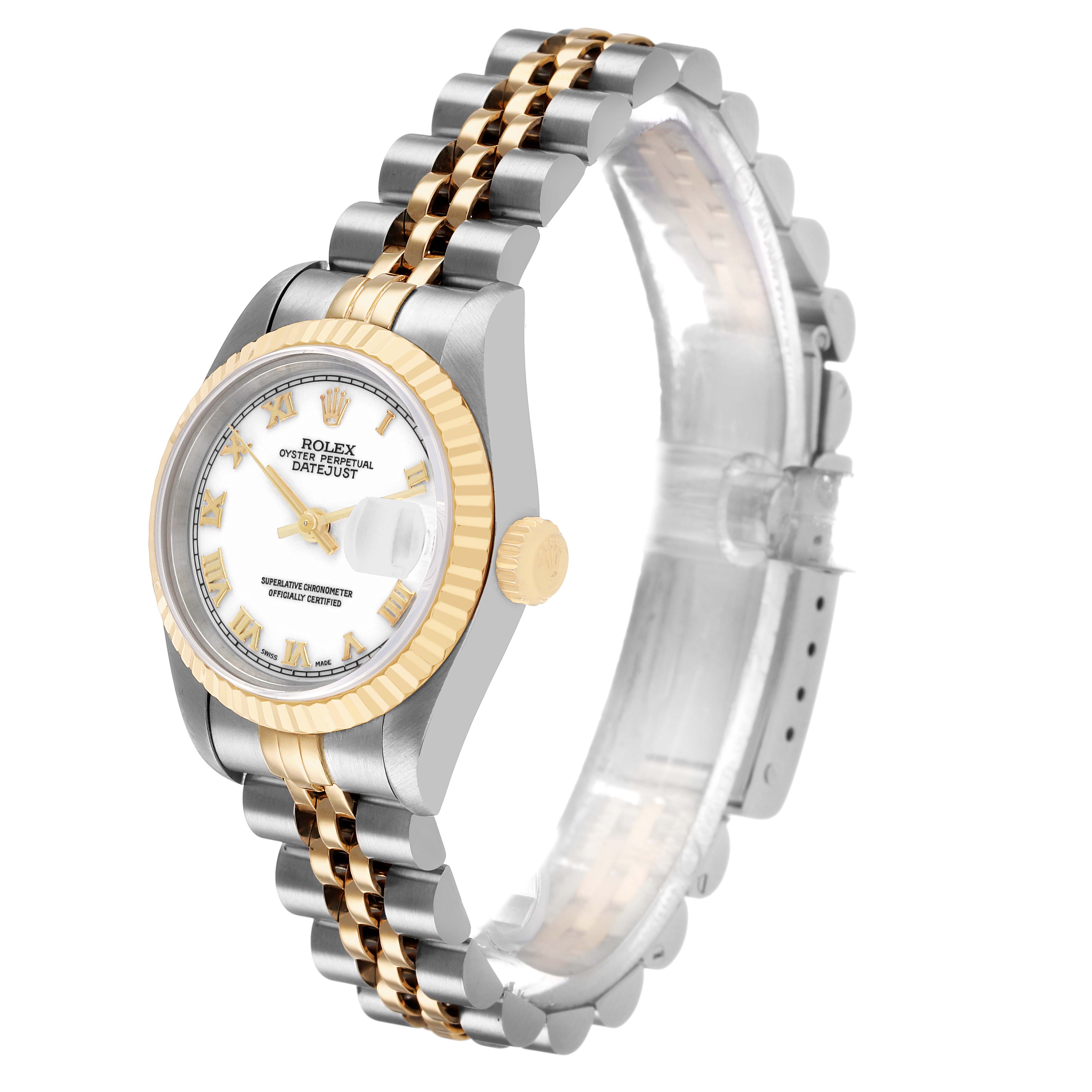 The Rolex Datejust 69173 Women's Steel and Gold (two tone) White Dial watch is shown at a slight angle, highlighting the face, bezel, crown, and two-tone bracelet.