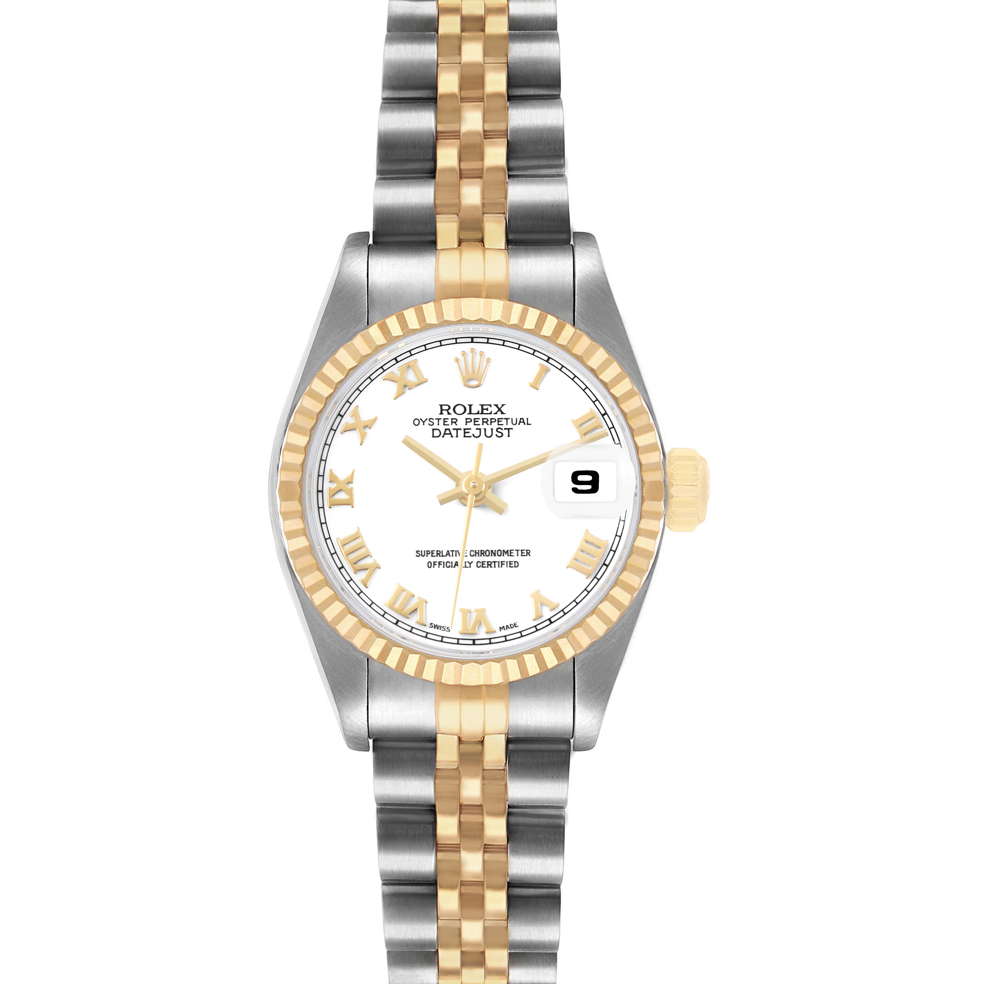 The image shows a Rolex Datejust 69173 Women's Steel and Gold (two tone) White Dial watch from the front, highlighting the dual-tone bracelet, fluted bezel, and date display.