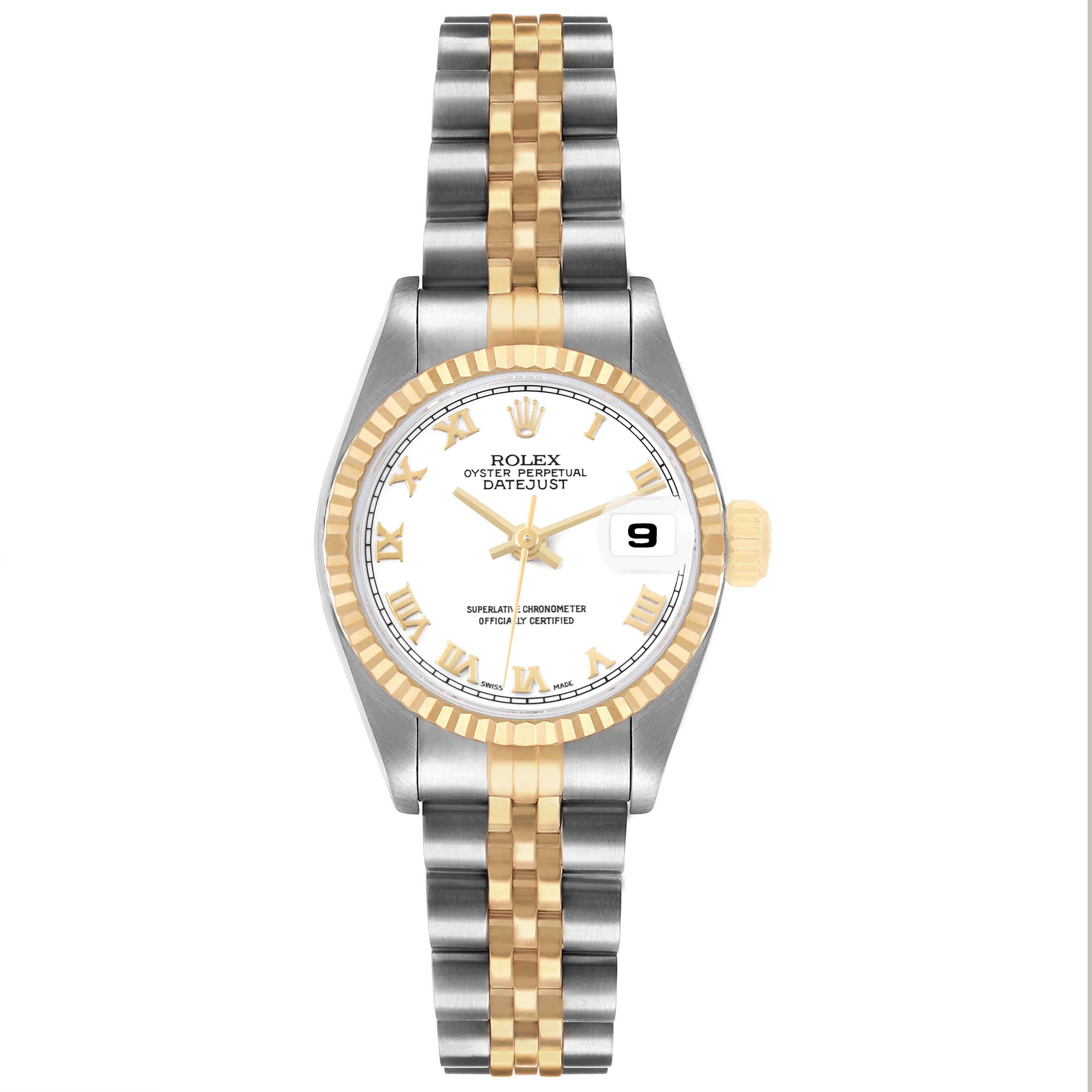 The Rolex Datejust 69173 Women's Steel and Gold (two tone) White Dial watch is shown from the front, featuring its face, bezel, and bracelet.