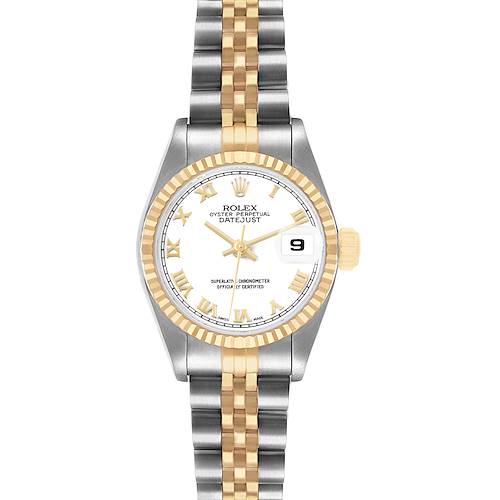 The Rolex Datejust 69173 Women's Steel and Gold (two tone) White Dial watch is shown from a top view, displaying its bezel, dial, and bracelet.
