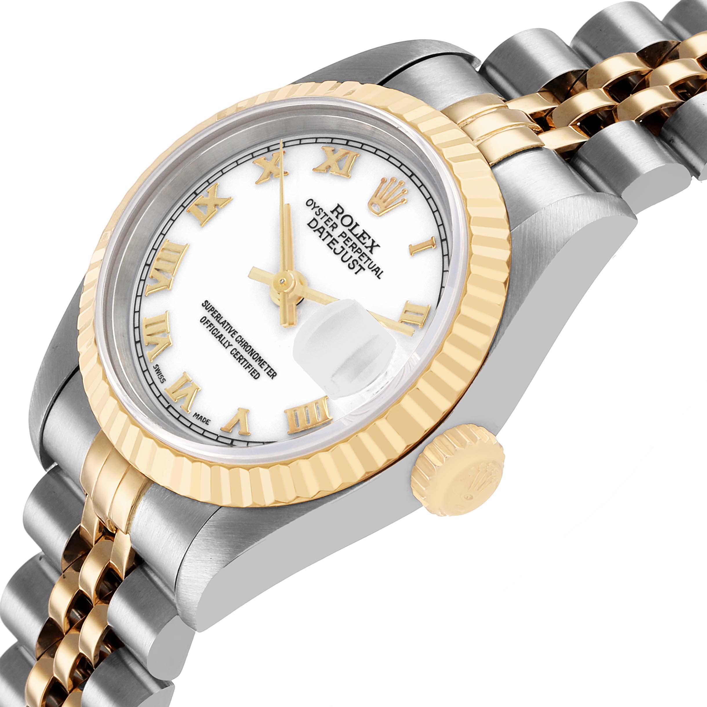 The Rolex Datejust 69173 Women's Steel and Gold (two tone) White Dial watch is shown at an angled perspective, highlighting the bezel, dial, and partial bracelet.