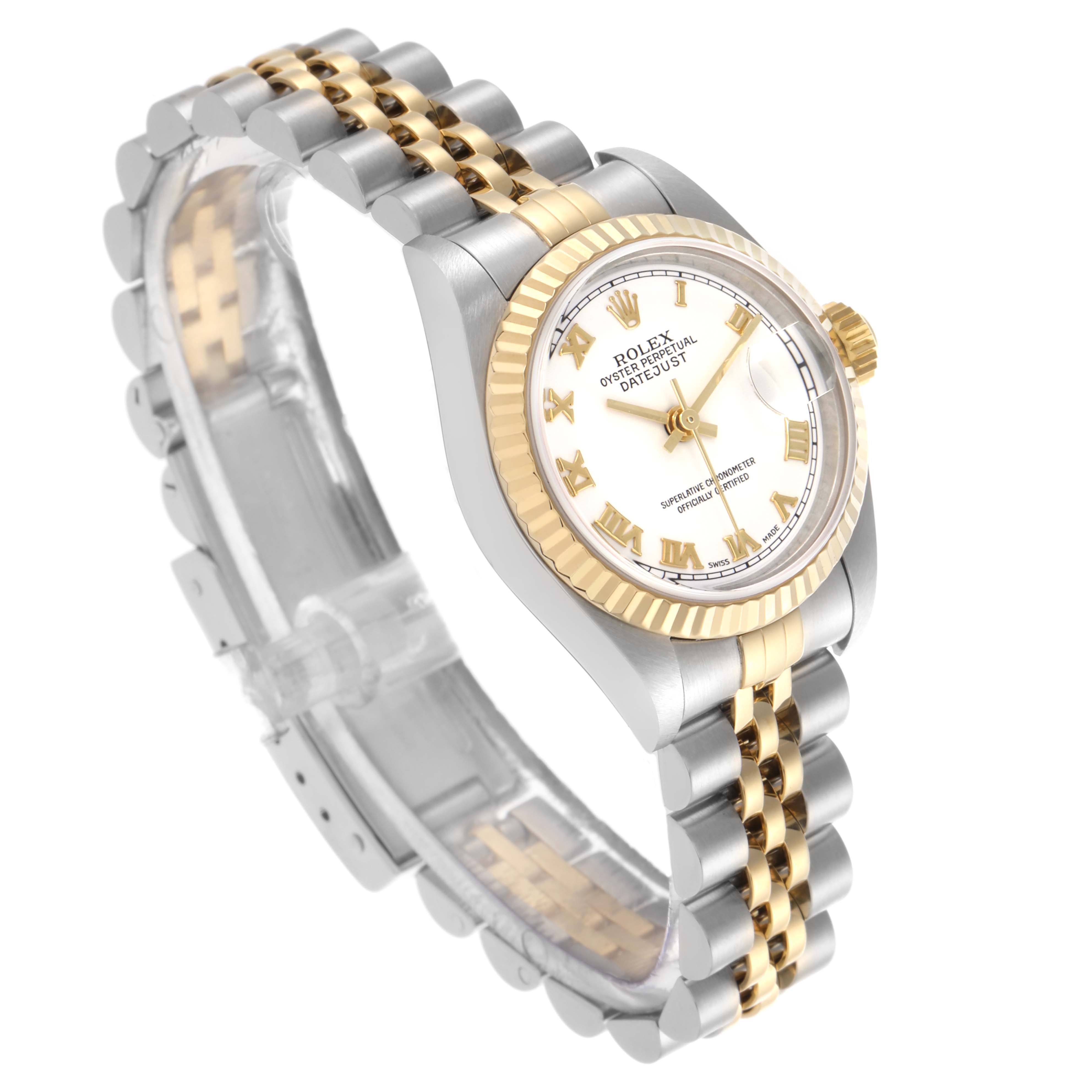 The Rolex Datejust 79173 Women's Steel and Gold (two tone) White Dial 79173 Women's Steel and Gold (two tone) White Dial watch is shown at an angled view, displaying the dial, fluted bezel, crown, and Jubilee bracelet.