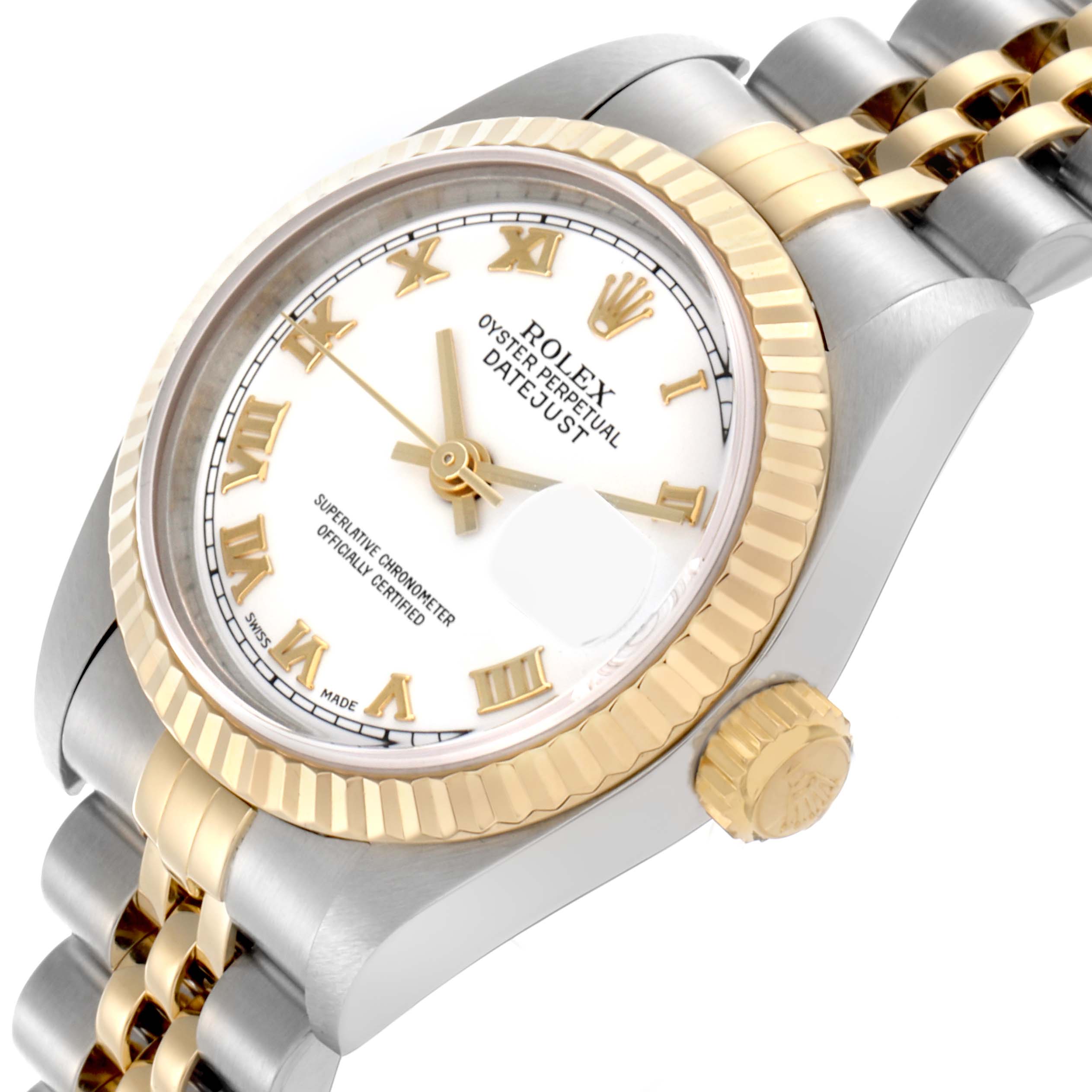 The Rolex Datejust 79173 Women's Steel and Gold (two tone) White Dial 79173 Women's Steel and Gold (two tone) White Dial watch is shown at a tilted angle, highlighting the dial, bezel, crown, and part of the bracelet.