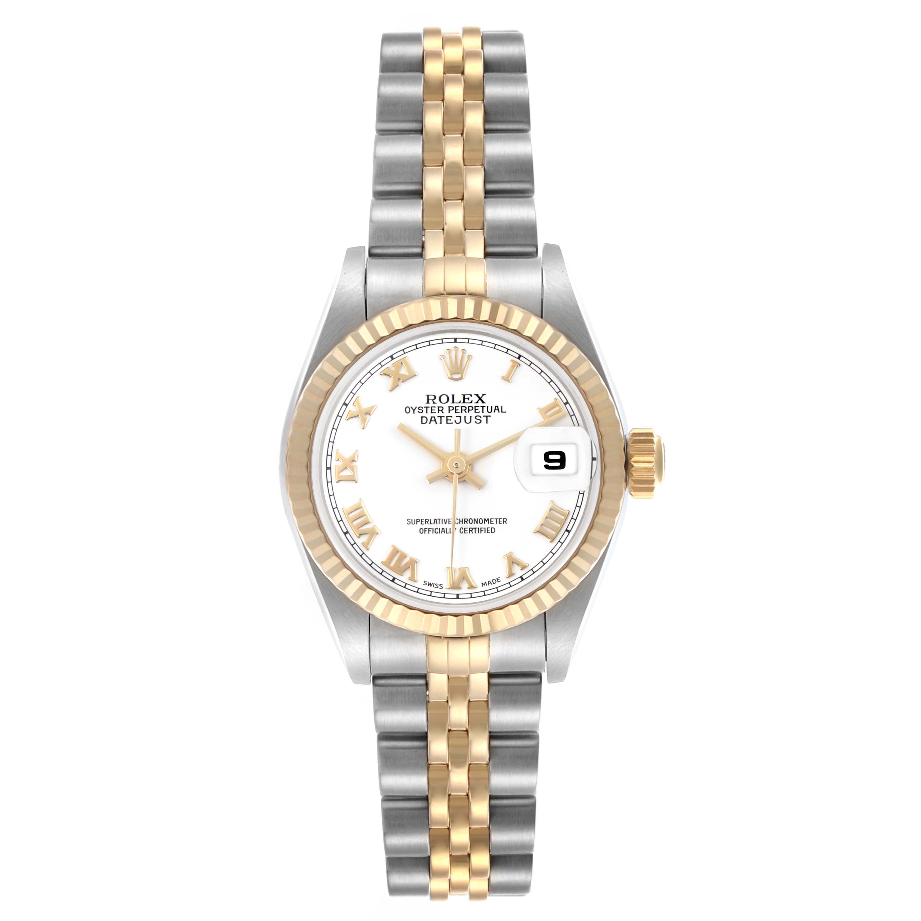The image shows a Rolex Datejust 79173 Women's Steel and Gold (two tone) White Dial 79173 Women's Steel and Gold (two tone) White Dial watch from a top-down angle, displaying the dial, fluted bezel, two-tone bracelet, and date window.
