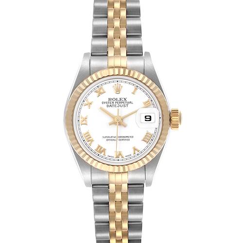 The Rolex Datejust watch is shown front-facing, displaying its dial, bracelet, and bezel.