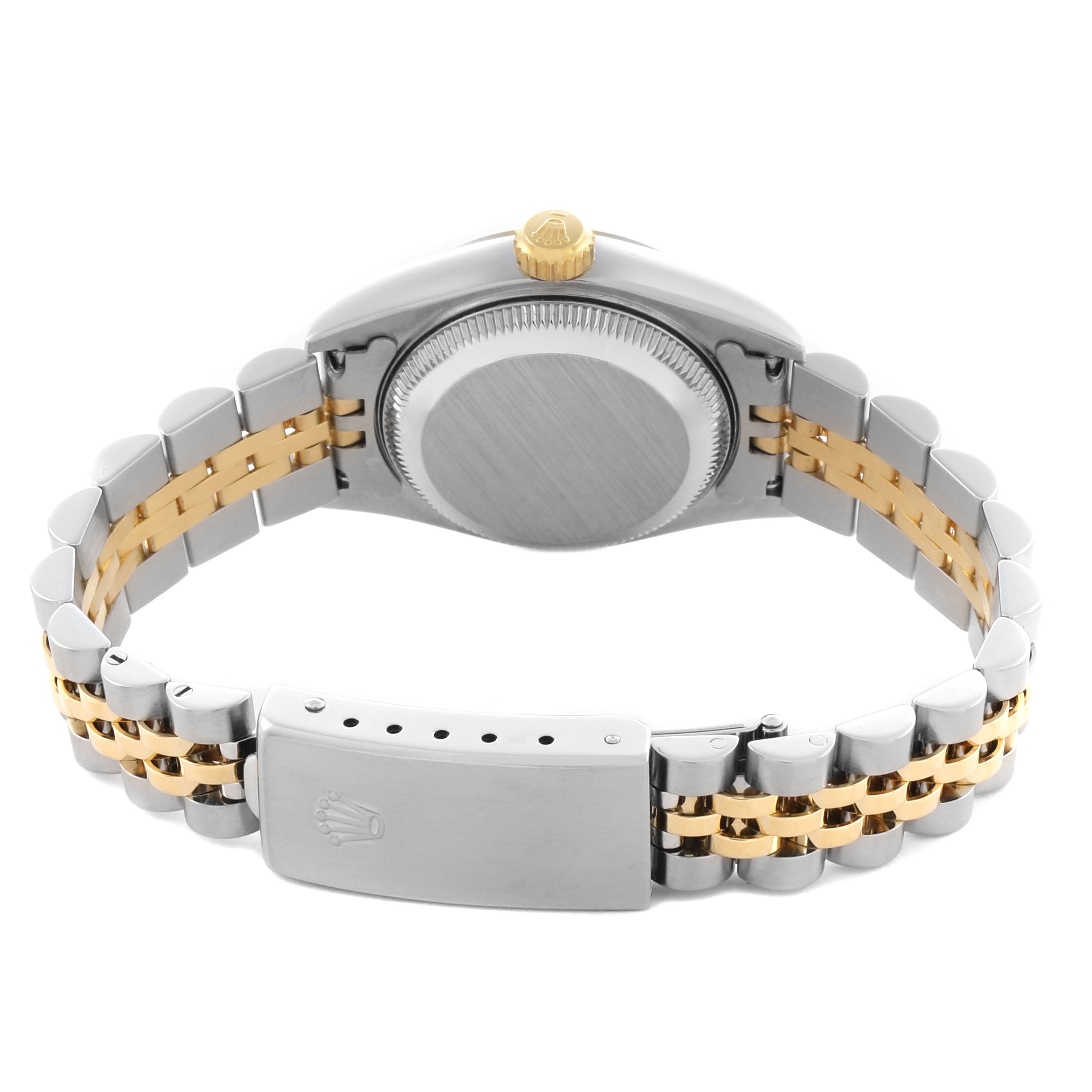 The image shows the back of a Rolex Datejust 79173 Women's Steel and Gold (two tone) White Dial 79173 Women's Steel and Gold (two tone) White Dial, highlighting the case back, two-tone jubilee bracelet, and clasp.
