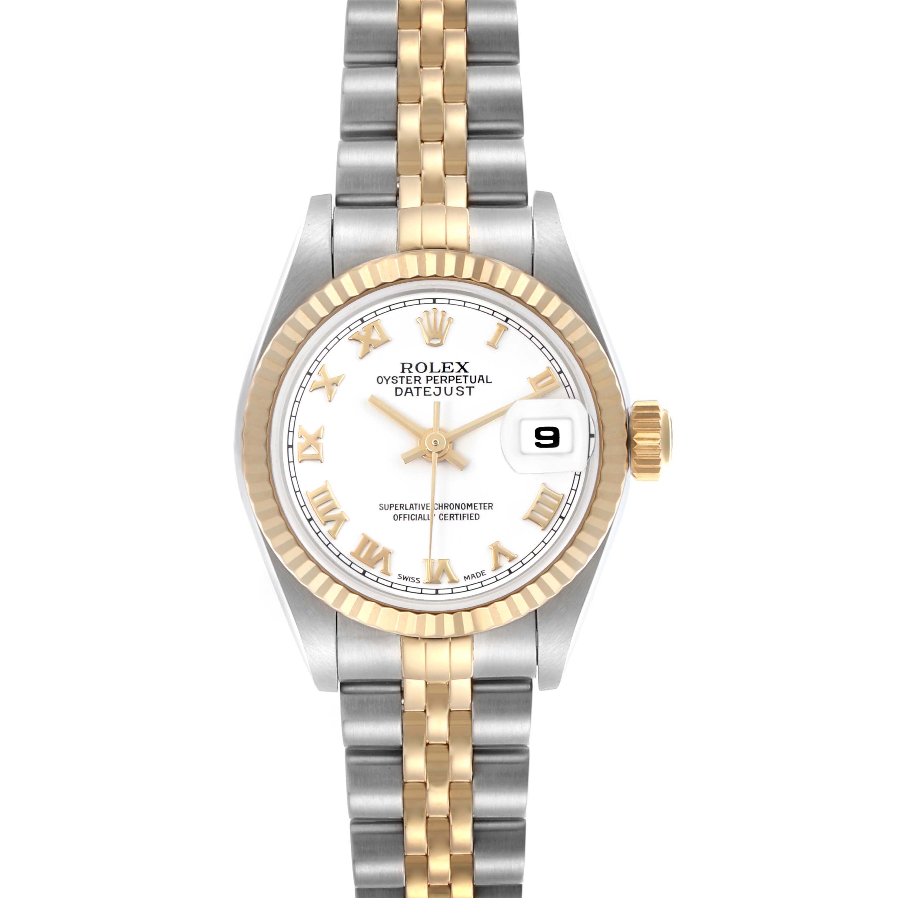 The Rolex Datejust 79173 Women's Steel and Gold (two tone) White Dial 79173 Women's Steel and Gold (two tone) White Dial watch is shown from the front, displaying its face, bezel, hands, bracelet, and date window.