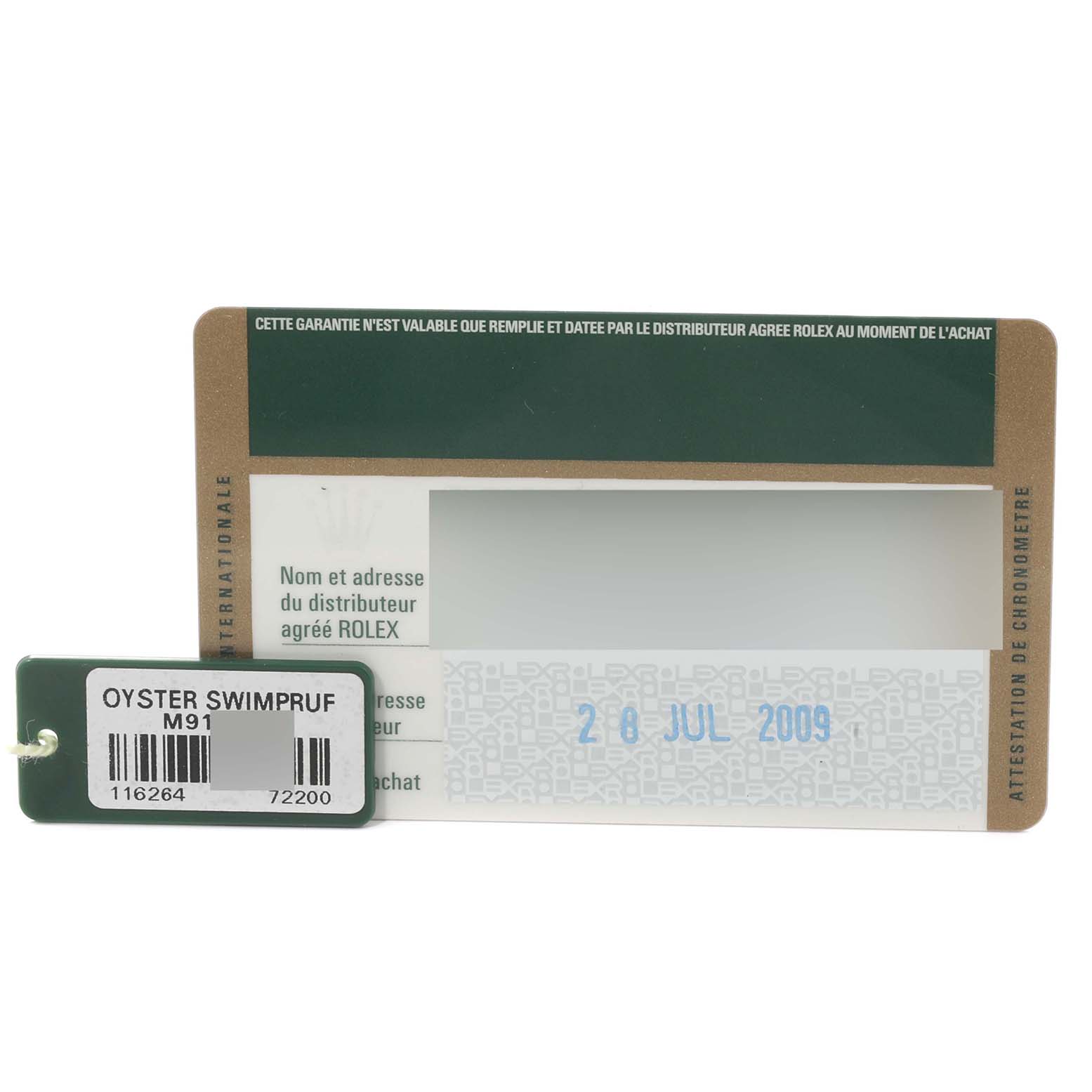 This image shows the warranty card and hang tag for the Rolex Turn-o-Graph 116264 Men's Stainless Steel Black Dial 116264 Men's Stainless Steel Black Dial model.