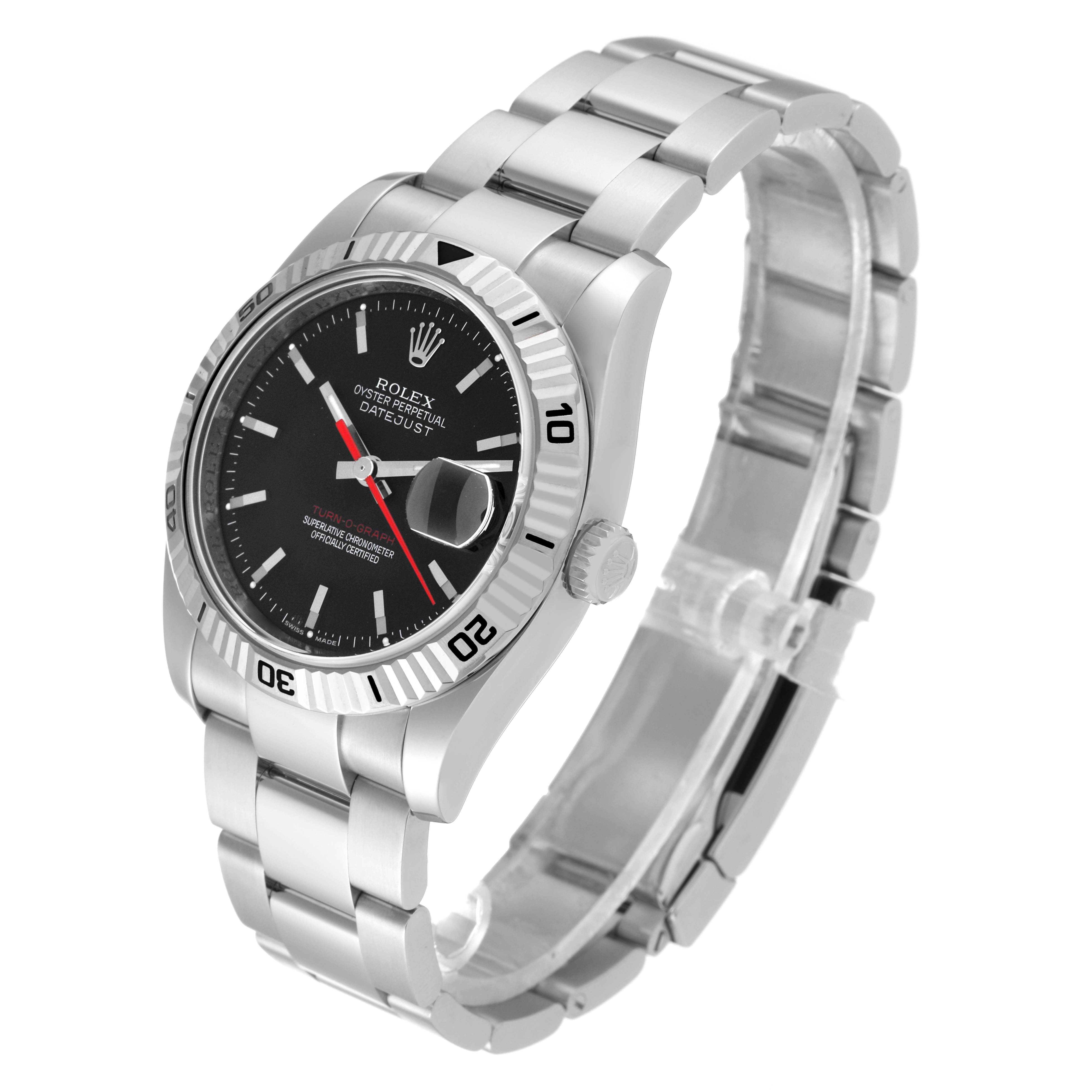 The Rolex Turn-o-Graph 116264 Men's Stainless Steel Black Dial 116264 Men's Stainless Steel Black Dial watch is shown at a three-quarter angle, displaying the face, bezel, crown, and bracelet.