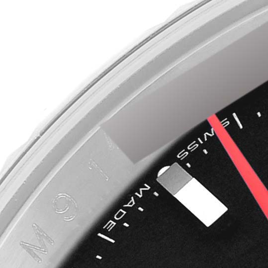 This image shows a close-up angle of the Rolex Turn-o-Graph 116264 Men's Stainless Steel Black Dial 116264 Men's Stainless Steel Black Dial model's watch face, including part of the bezel and dial.