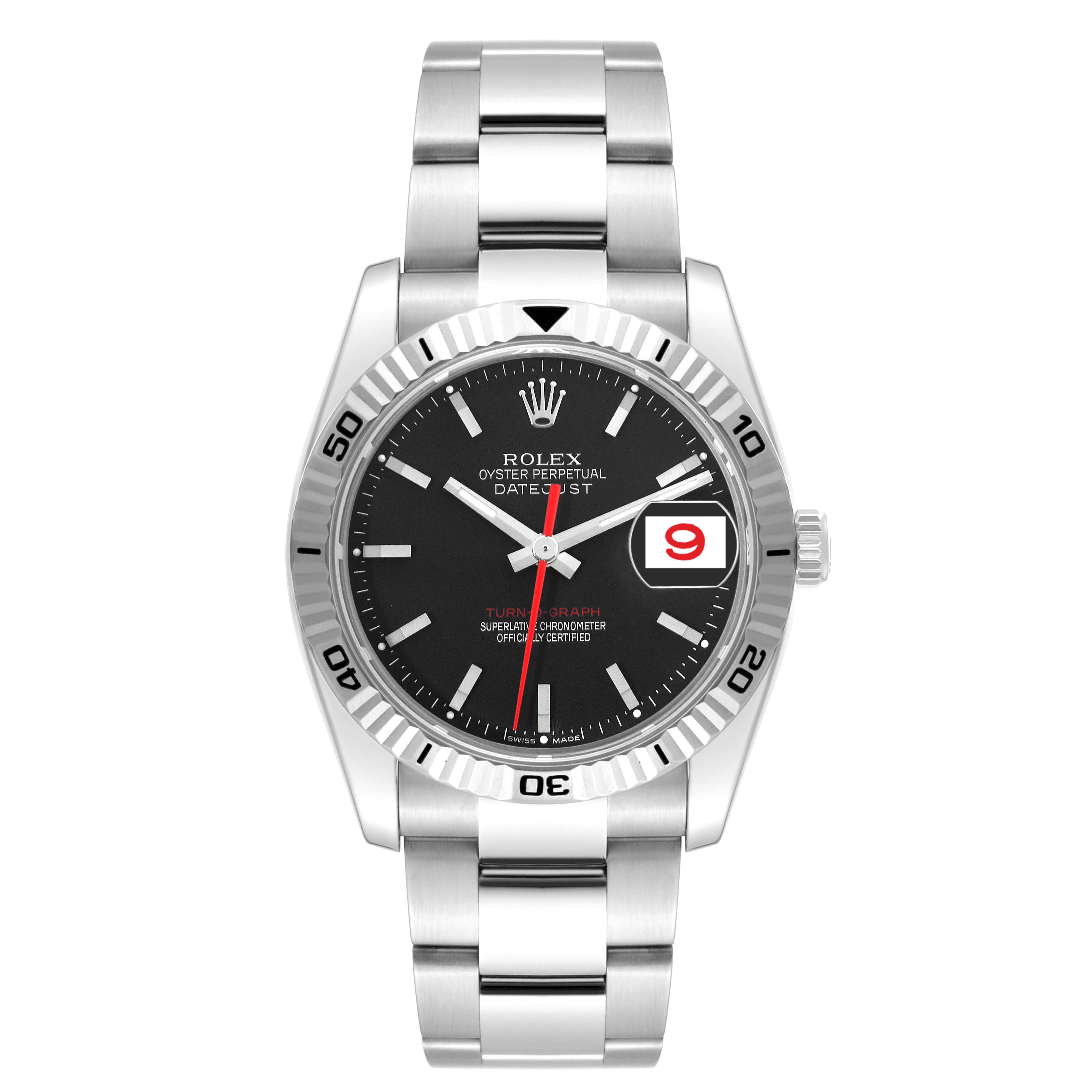 The Rolex Turn-o-Graph 116264 Men's Stainless Steel Black Dial 116264 Men's Stainless Steel Black Dial model is shown from the front, displaying its dial, hour markers, and metal bracelet.