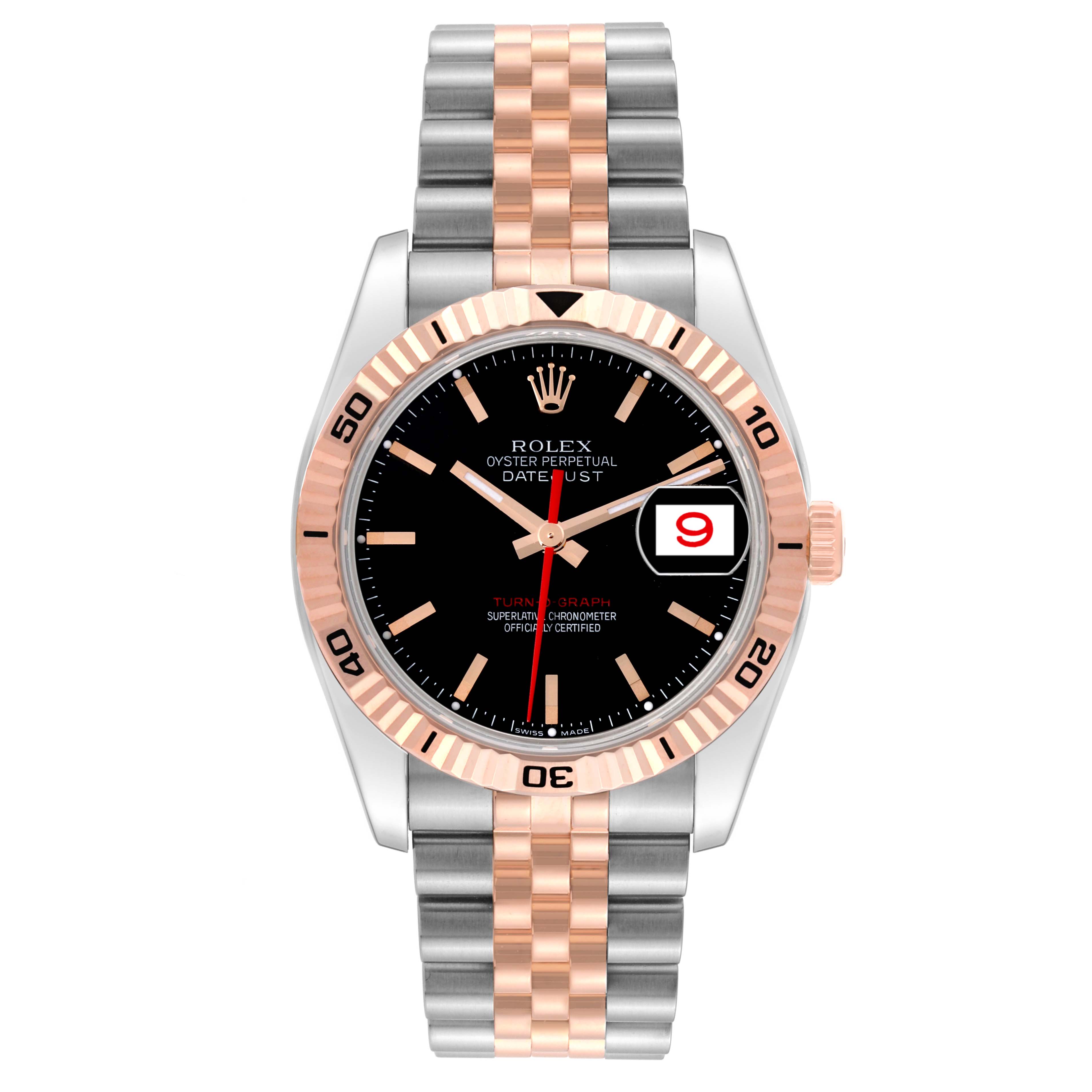 The image shows a front view of the Rolex Turn-o-Graph 116261 Men's Steel and Gold (two tone) Black Dial 116261 Men's Steel and Gold (two tone) Black Dial watch, displaying its face, bezel, and bracelet.