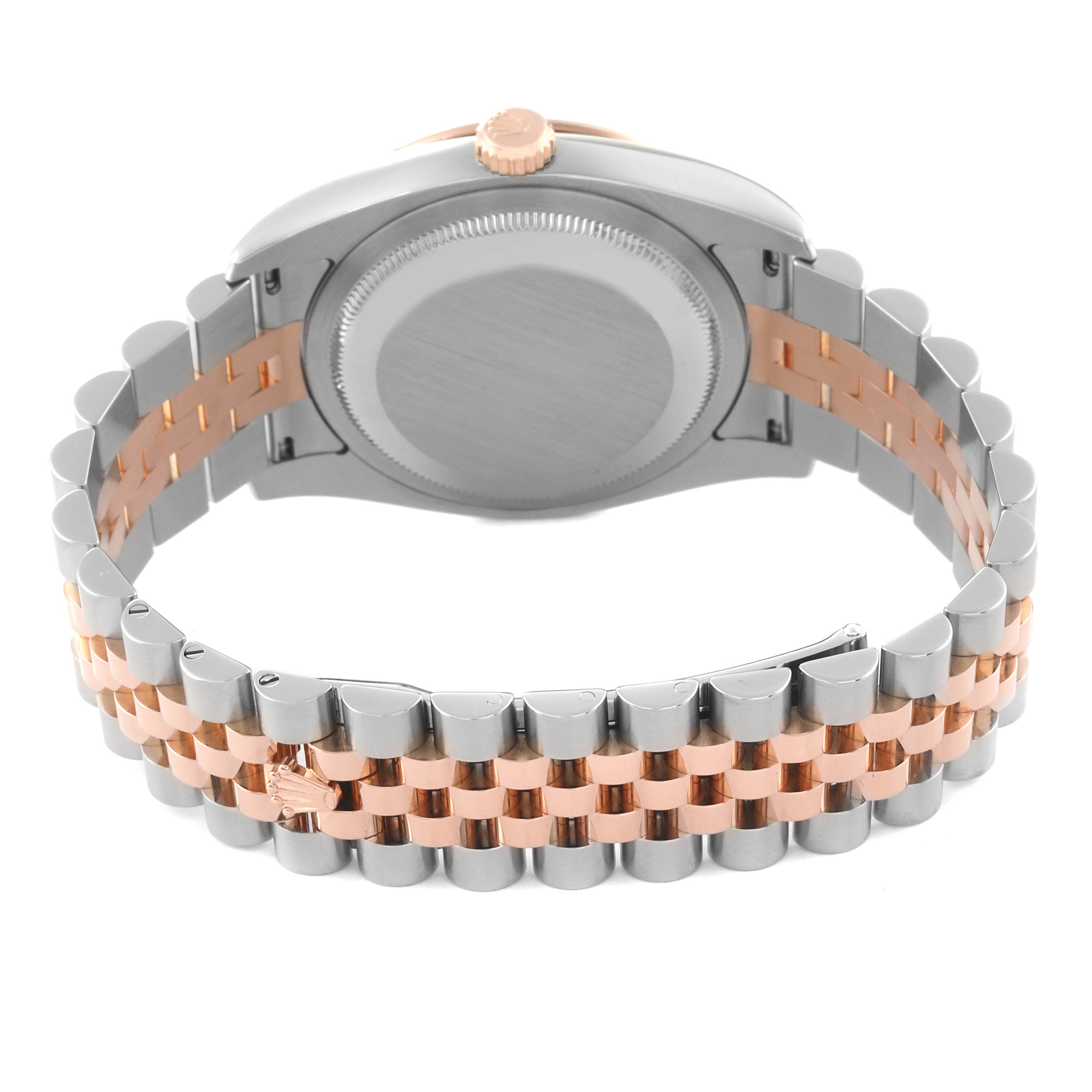 This image shows the back and bracelet of a Rolex Turn-o-Graph 116261 Men's Steel and Gold (two tone) Black Dial 116261 Men's Steel and Gold (two tone) Black Dial watch from a rear angle view.