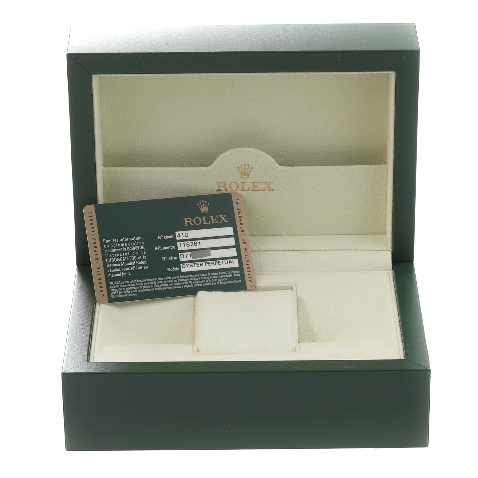 The image shows an open Rolex Turn-o-Graph 116261 Men's Steel and Gold (two tone) Black Dial 116261 Men's Steel and Gold (two tone) Black Dial watch box with an authenticity card inside.