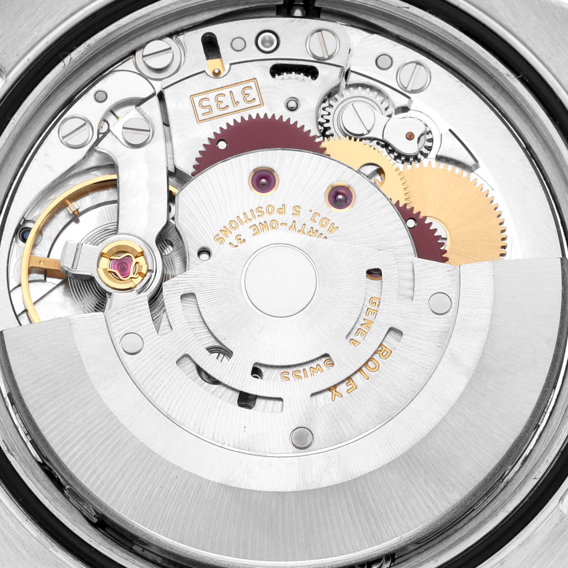 This image shows the intricate internal mechanism of the Rolex Turn-o-Graph 116261 Men's Steel and Gold (two tone) Black Dial 116261 Men's Steel and Gold (two tone) Black Dial watch viewed from the back.