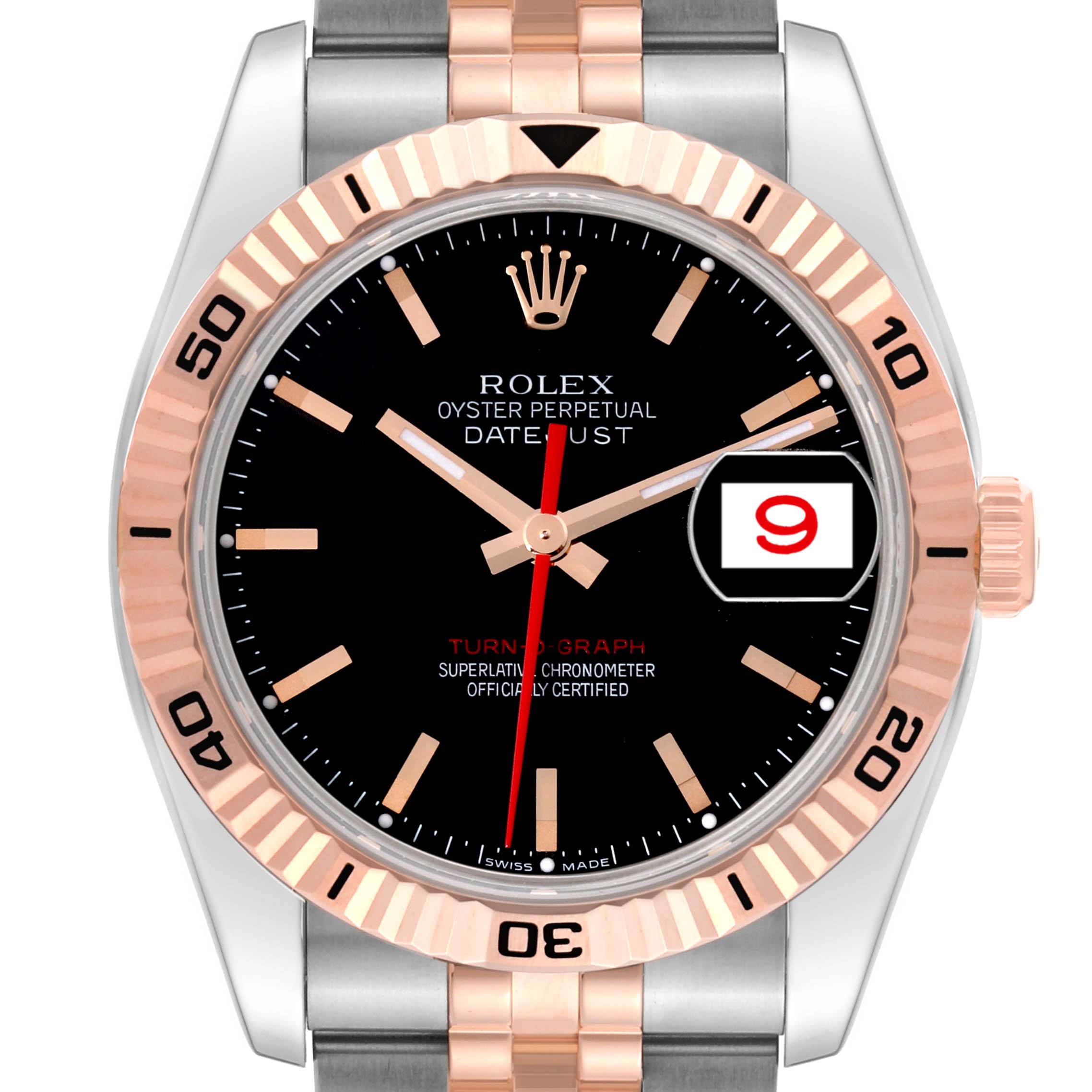 The image shows the face and bezel of the Rolex Turn-o-Graph 116261 Men's Steel and Gold (two tone) Black Dial 116261 Men's Steel and Gold (two tone) Black Dial watch from a front angle.